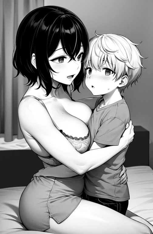 adult mother 50 years old, in one removed bra at home, has sex with his little son, son looks surprised, mother hugs her little son. son inserts penis into mother's crotch.