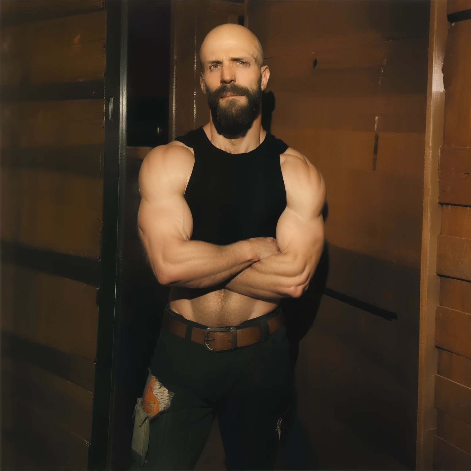 tall bald handsome man with beard, daddy, dark full body tattoos, lean fit body, soccer shirt, 30yo, dynamic lighting, lean body, loose cargo plants pants, character sheet, full body shot, ripped pants, belt, holster, carpenter, sweaty