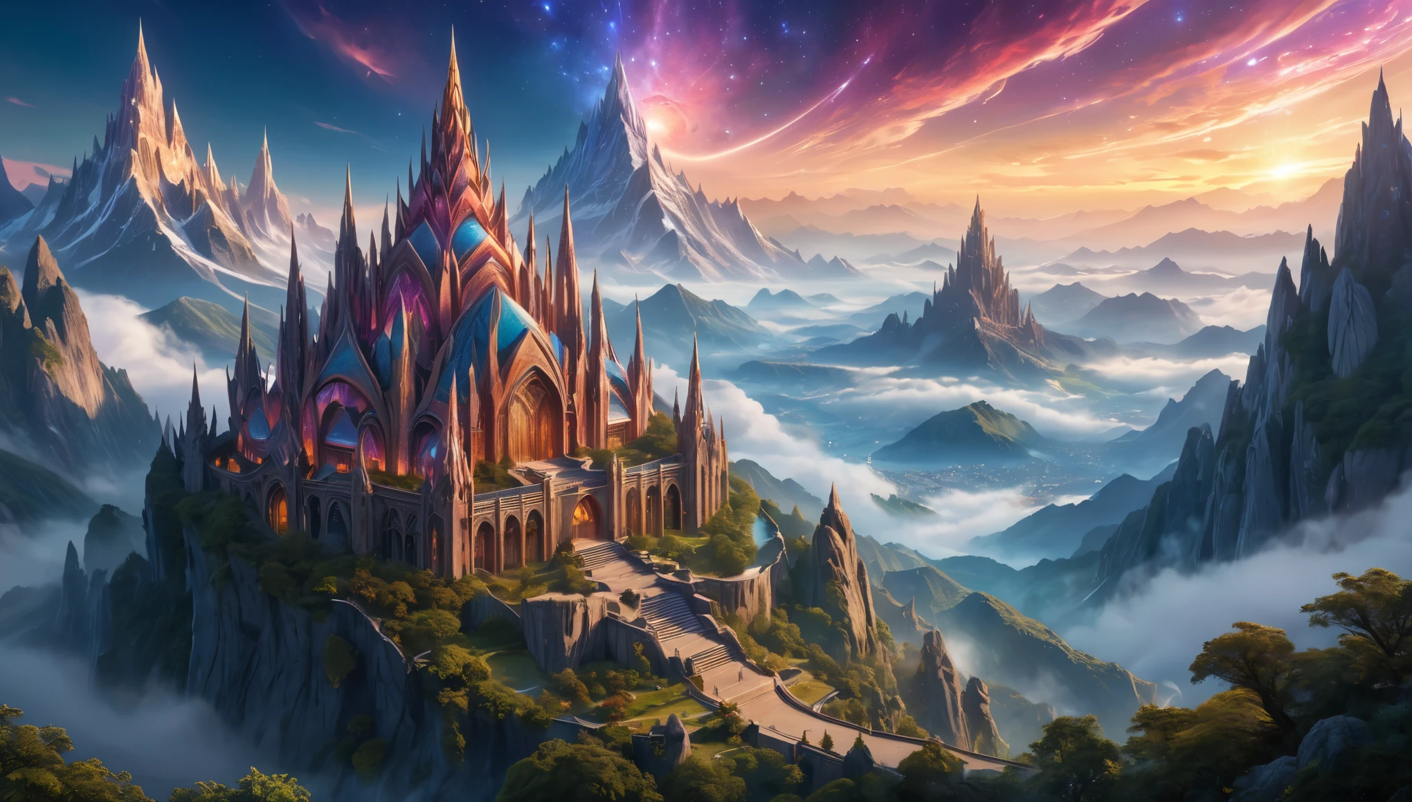 In this abstract fantasy realm, vibrant energies swirl in a kaleidoscopic sky, illuminating towering crystalline structures that reach towards the heavens. Architectural marvels abound, with intricate latticework and flowing curves adorning every surface. The buildings seem to shift and morph, defying conventional geometry and inviting exploration into their enigmatic interiors. Ethereal beings flit amidst the structures, their presence adding an otherworldly charm to the landscape. And in the distance, beyond the cityscape, mystical mountains rise, their peaks shrouded in mist and legend, promising untold adventures for those bold enough to seek them out. (masterpiece:1.2), (epic composition:1.4), (talent:1.2), ultra detailed, cinematic lighting, highly detailed, insanely detailed, (photorealistic:1.2), hdr, 8k, exquisite, sharp, elegant, ambient lighting, fantasy vivid colors, high quality,