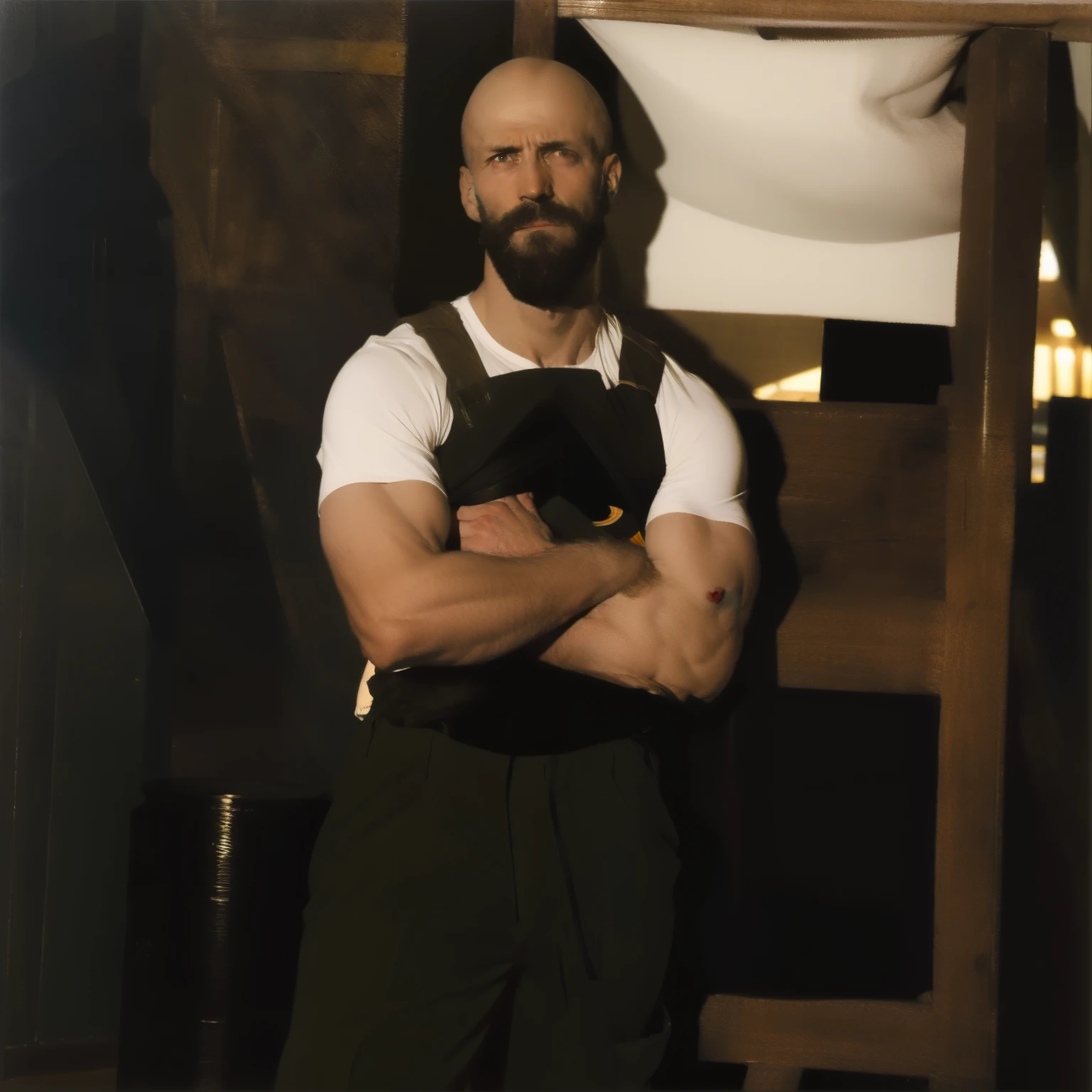 tall bald handsome man with beard, daddy, dark tattoos, lean fit body, soccer shirt, 30yo, dynamic lighting, lean body, loose cargo plants pants, character sheet, full body shot, white shirt