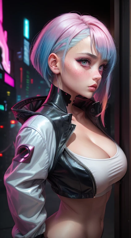 ((hyper realism)), fisheye photo, lucy \(cyberpunk\), 1girl, (((side view))) perfect model face, oval face, sharp chin, sharp small nose, glossy nose tip, glossy blush cheeks, (((emberressed blushing face expression))), ((eye bags)), bangs, cleavage, blue hair, colored tips, grey eyes, jacket, long sleeves, looking at viewer, medium hair, face portrait, multicolored hair, thick thighs, big breasts, hair flying upwards, parted lips, parted bangs, eyes open, pink hair, portrait, red eyeliner, full glossy lips, solo, white jacket, cyberpunk \(series\), cyberpunk edgerunners