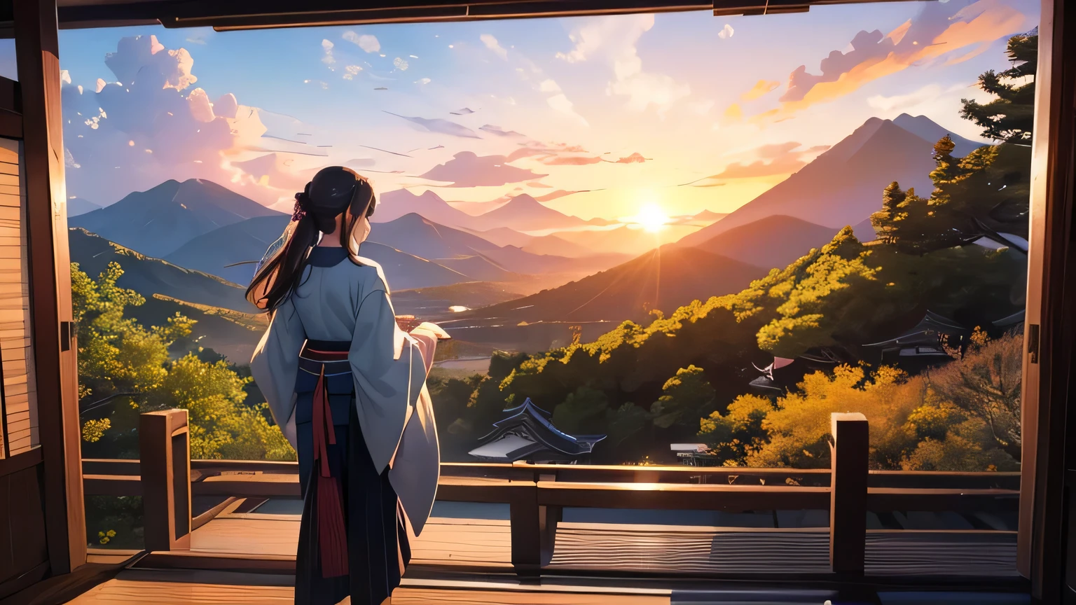 Landscapes of ancient Japan、Back view of a walking beautiful girl、Beautiful Mountain々、wood々、Sunset、