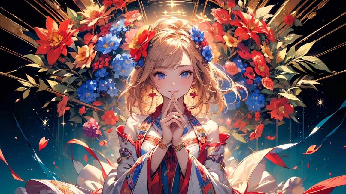 (masterpiece、highest quality、highest quality、Official Art、beautifully、aesthetic:1.5)、Picturesque、sketch、texture、Ultra-high resolution、alone、Beautiful woman、Laughter、すごくLaughter、Very detailed、(Fractal Art:1.1)、(colorful:1.1)、(flower:1.5)、Most detailed、(Tangled:1.2)、(Dynamic pose)、(The background is abstract:1.3)、(Shiny skin)、(Many colors:0.8)、(Earrings:1.4)、(feather:0.9)、Taisho romance