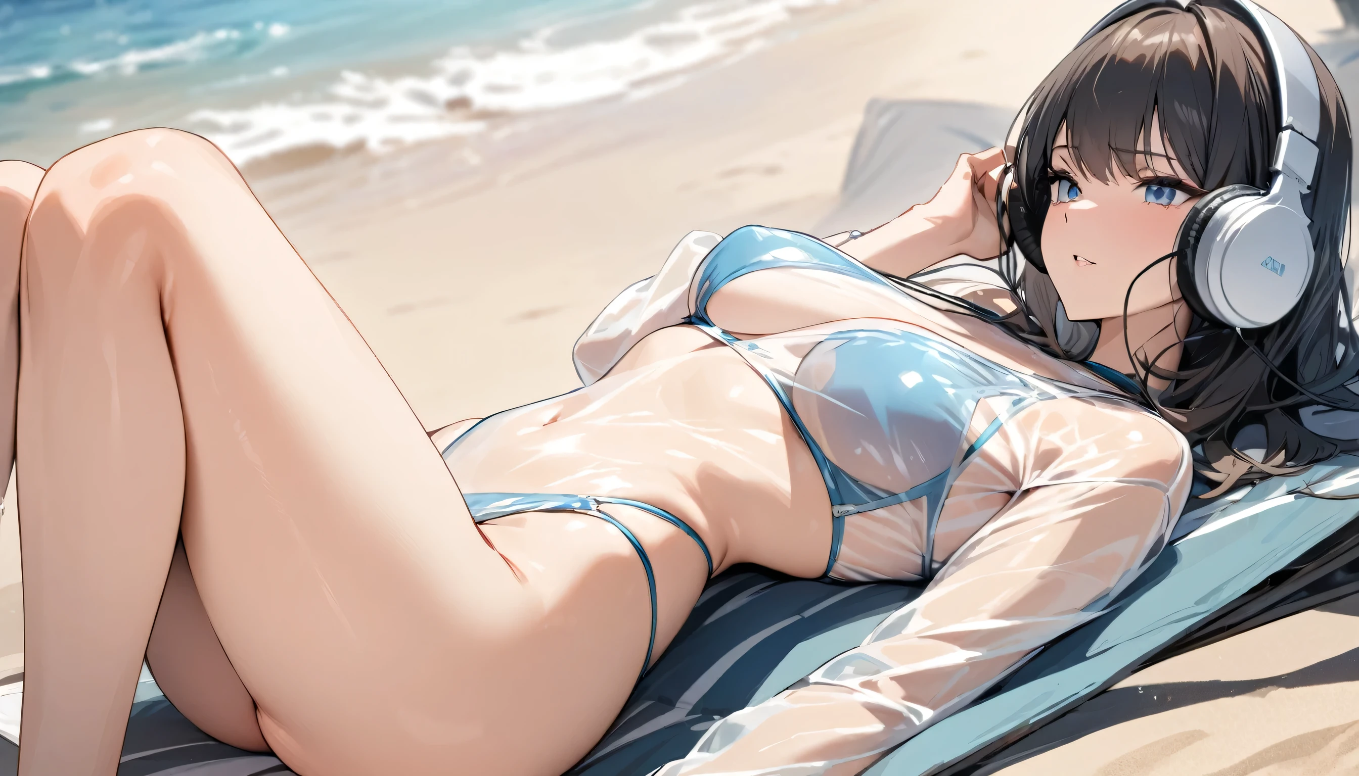 ((Top Quality)), ((Masterpiece)), (Detail), perfect face, sitting on the beach, listening to music, woman, wearing headphones, wearing swimsuit, swimsuit is transparent, sitting with legs spread, wearing tight clothing, buttocks and breasts exposed