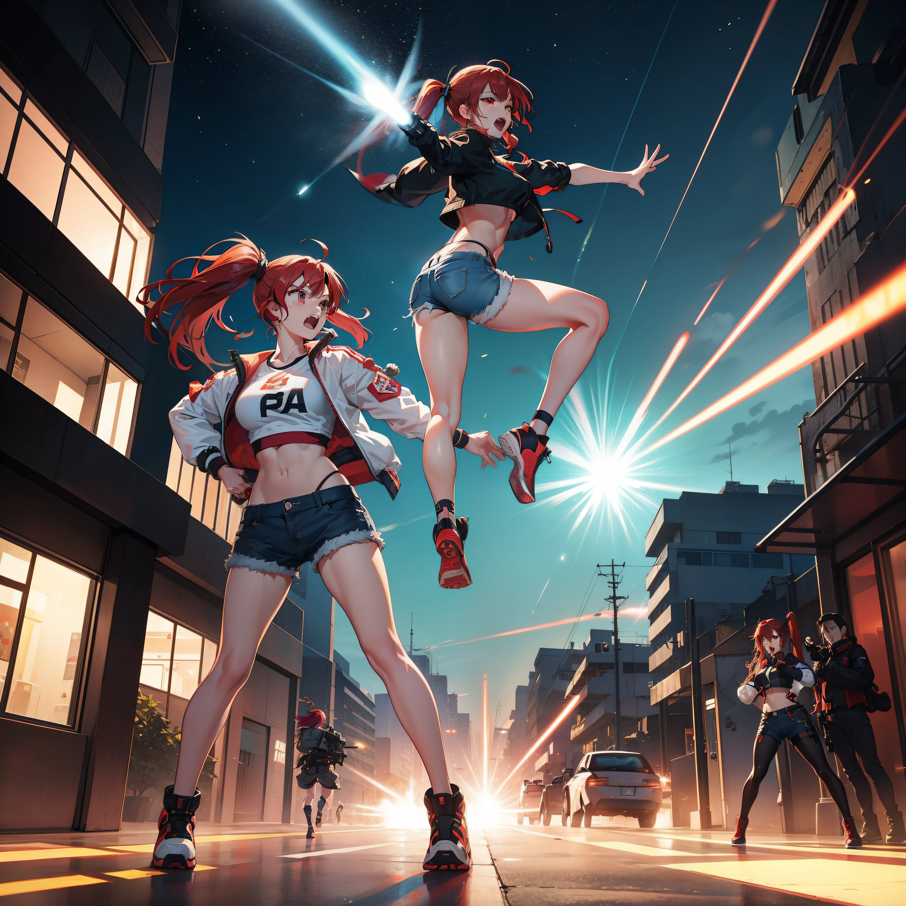 Full body shot, female asian Irina Shidou red hair twintails green eyes, in a cyberpunk city, wearing a bomber jacket and crop top and denim shorts, standing next to a Nissan GT-R, holding a big machine gun, holding a long laser rifle, shooting laser rifle, shooting lasers up at the sky, missile strike, rocket launch, rapid fire, explosions, running and jumping, open mouth, screaming, frontal shot, side shot, rear shot, back shot, behind shot, masterpiece, highly detailed
