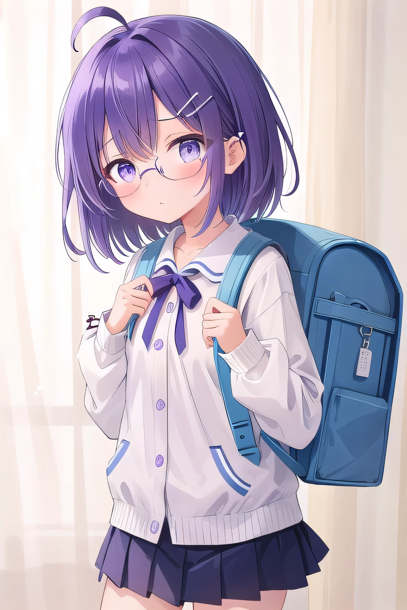 (Purple hair:1.4), gray eyes, white , navy blue miniskirt, 11 years old, short, short long hair, kind expression, shy, backpack, almost no breasts, slightly exposed. hair,(flipped hair ), flipped hair, long sleeves, ahoge, girl alone, flipped hair, flipped hair, flipped hair, flipped hair, glasses with no edges, embarrassed,，(hairpin:1.5)，her bra is visible, (a white bra:1.5)，(skirt lift :1.6)，panty shot，white panties