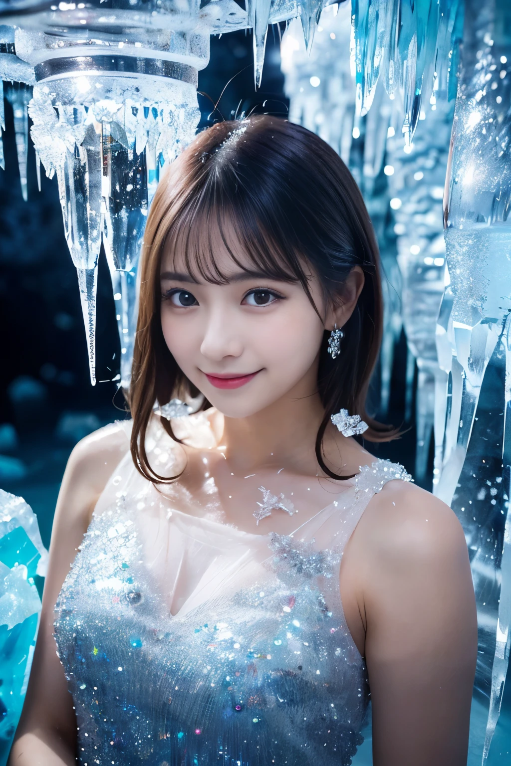 ((Tabletop:1.4, highest quality)), (Realistic photos:1.4),
((1 girl)),
(超High resolution:1.2), とても繊細でbeautiful, wonderful,
Very detailedな CG Unity 8k 壁紙, Very detailed, High resolution, Soft Light,
beautiful詳細な女の子, Very detailedな目と顔, Beautiful and detailed nose, Beautiful and detailed,
(Wearing an ice dress:1.4),
Cinema Lighting, Perfect Anatomy, Slender body, Thin chest,
(Inside the ice cave, Ice furniture, Ice Chandelier:1.3), (A fantastic world of ice and light, Ice transparency, The beauty of light refracting through ice:1.3), (A world of inorganic beauty, where everything is covered in icicles and frozen..:1.3), (Dark blue gradient), beautiful,
Cowboy Shot, Looking at the audience, smile