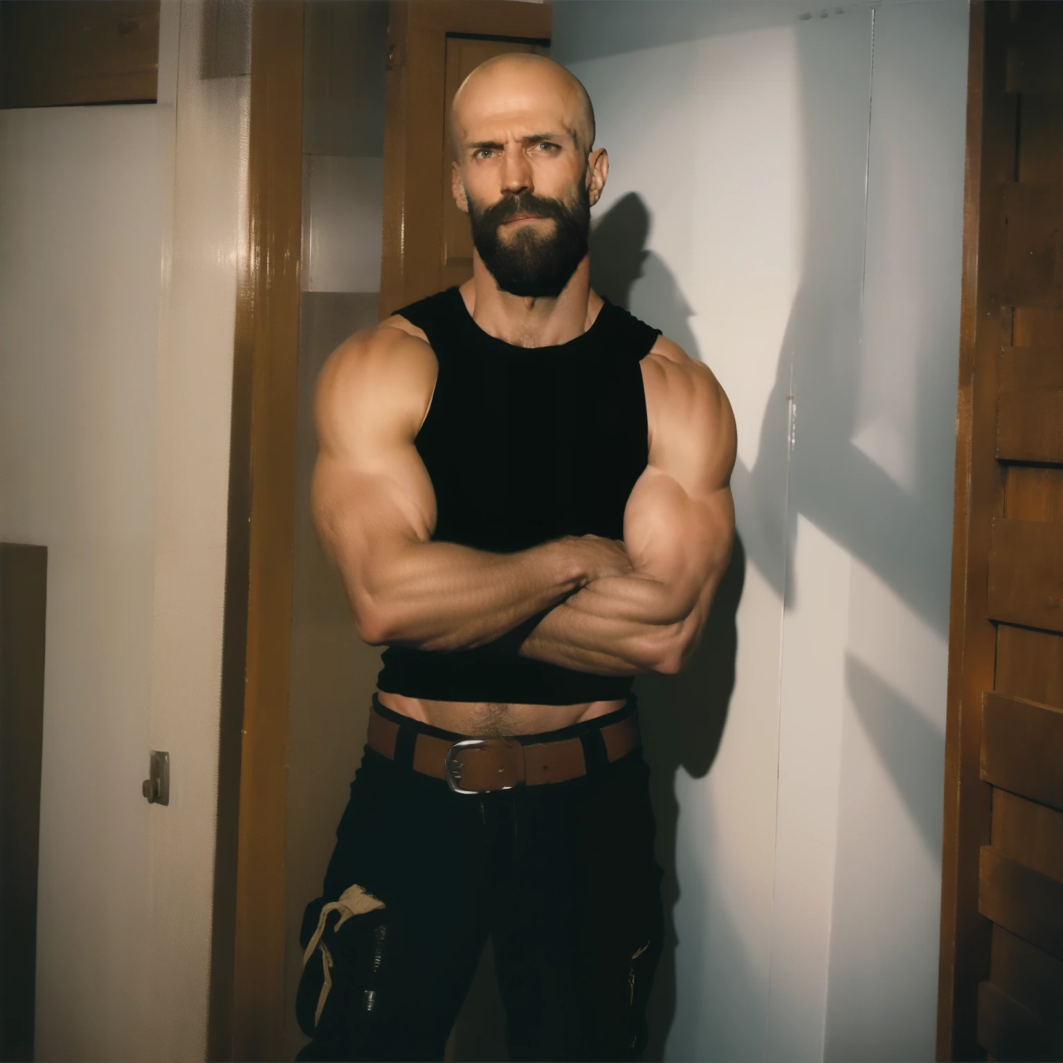 tall bald handsome man with beard, daddy, dark full body tattoos, lean fit body, soccer shirt, 30yo, dynamic lighting, lean body, loose cargo plants pants, character sheet, full body shot, ripped pants, belt, holster, carpenter, sweaty, full shirt, 