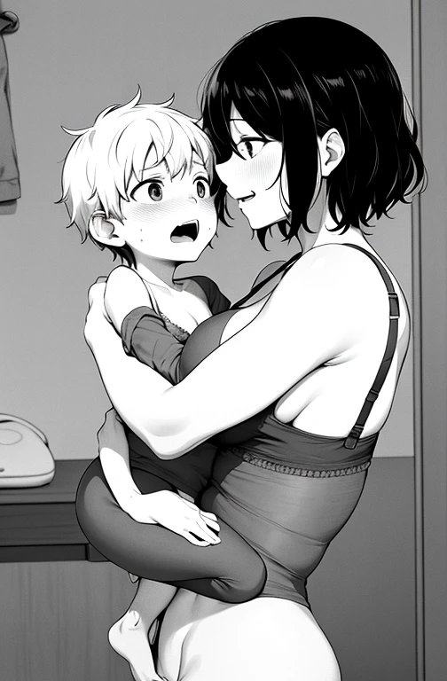 adult mother 50 years old, in one removed bra at home, has sex with his little son, son looks surprised, mother hugs her little son. son inserts penis into mother's crotch.