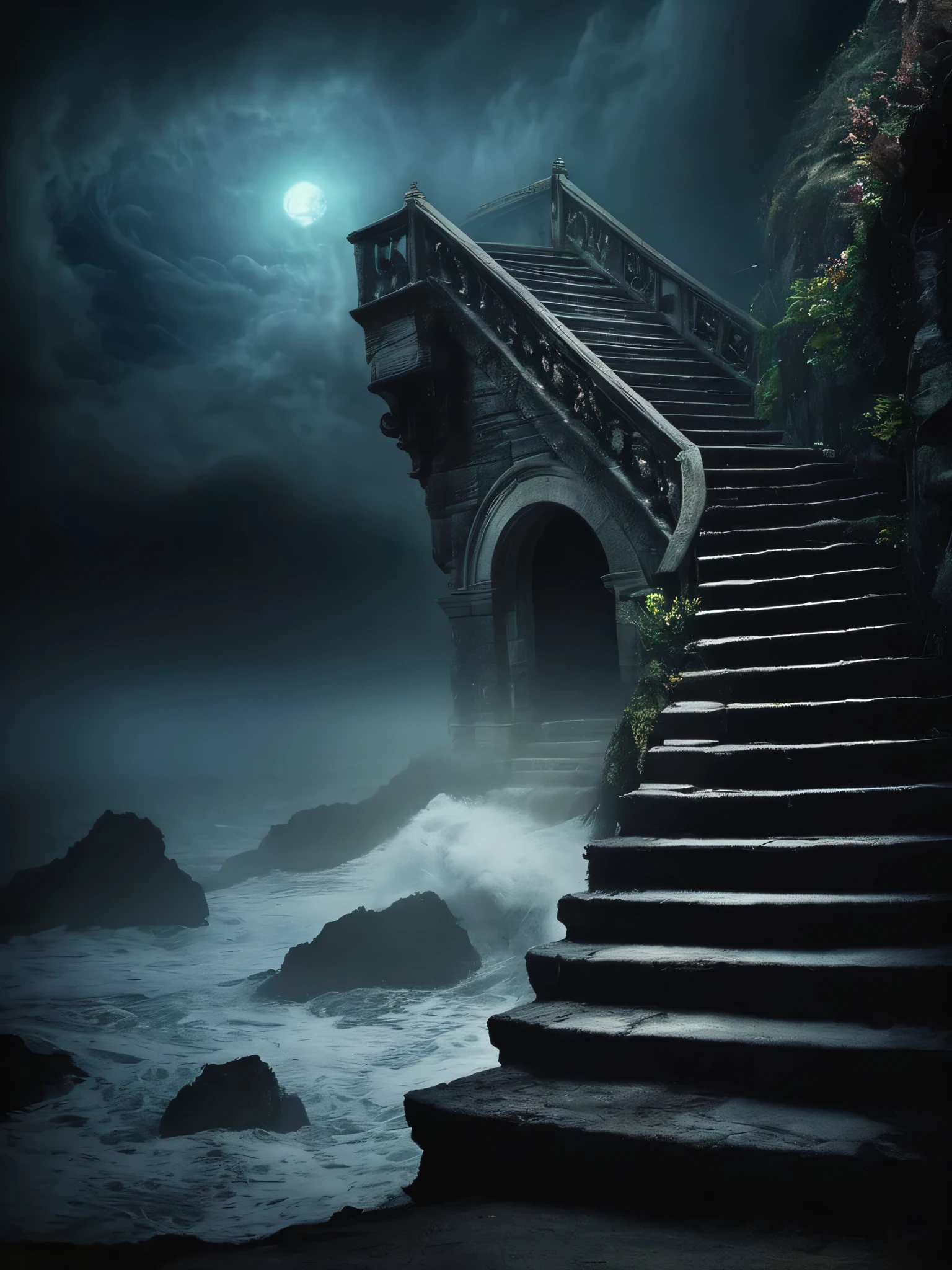 Stairs, door, darkness, ocean, mystery, dense fog,
Fantasy style. Fantasy dreamlike art. Mystical.
Surreal Harmony, Illusionix