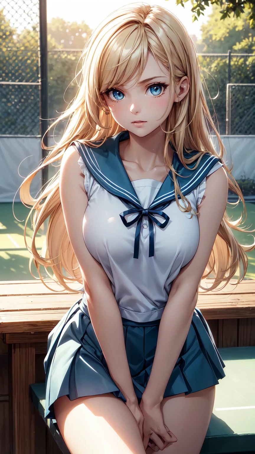 On the table, HD, High quality textures, High quality shadows, High Detail, Beautiful and detailed, Meticulous attention to detail, Extremely detailed CG, Detailed texture, True representation of the face, Practical, rich and colorful, Beautifully, light, Side lights, Clear focus, (Intricate details, cosmetic, Pure face_V1:0.5), (Delicate and beautiful face, Delicate, beautiful eyes, Perfectly proportioned face, Highly detailed skin, Delicate skin, The best ratio of four fingers and one thumb, Upper body shooting, Pleated Skirt, (((Light shining on the thigh:1.25))), (Large Breasts), (cleveage), ((Smooth texture, Practical texture, Reality)), (Delicate and beautiful eyes, Beautiful eyelashes, Green Eyes), (((blue eyes))), (Golden semi-long hair), (blond hair), 1 female, On the tennis court, (((Sailor Shirt, sleeveless, Open front end))), (Pretty Face, Cute face, Delicate face), Sunlight, Perfect Eyes Eyes, Full body vision, lens flare, Ray Tracing, best quality, high quality,Dynamic poses,Sexy pose,