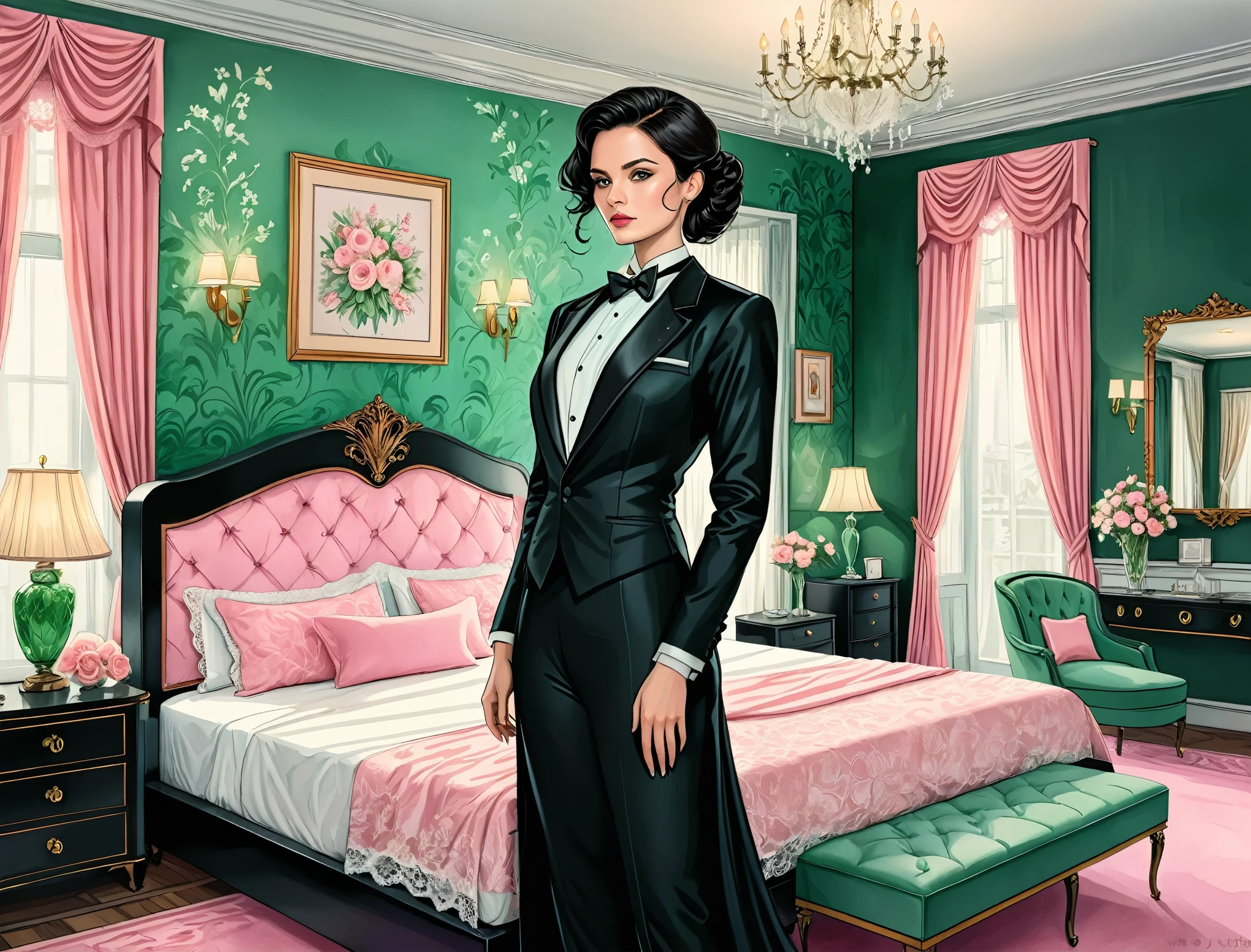 (graphic novel illustration), Depict a luxurious hotel suite, decorated with flowers, walls with beautiful wedding wallpaper with tones of pale pink. A big elegant bed with metal headboard is at the center of the room. Elegant emerald bedsheets with lace. Draw a beautiful dark haired elegant woman with large breasts wearing a (lady cut black tuxedo:1.5) standing by the bed. Make it a distant shot, highly detailed, 4k, HDR, anatomically accurate, watercolor painting in pastel colours.