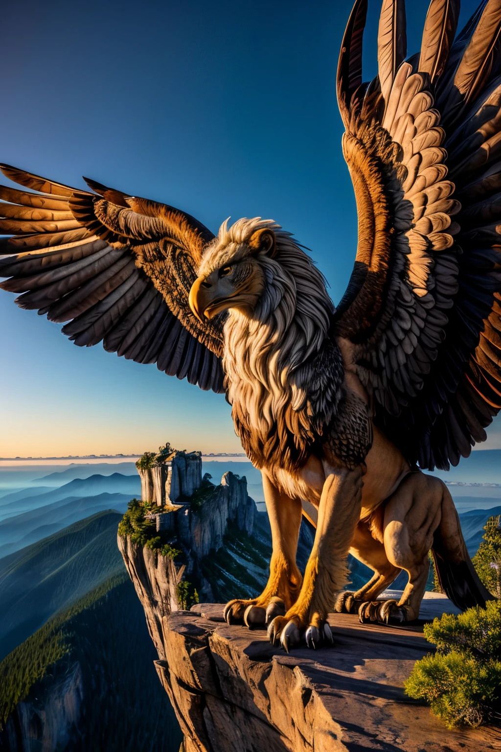 Detailed and intricate depiction of a mythical creature: a griffin, majestic and ferocious, with the body of a lion and the head, wings, and talons of an eagle, poised regally atop a craggy mountain peak, twilight casting dramatic shadows on its muscular form, understated, yet striking, RAW photography capturing every feather, scale, and muscle, high resolution emphasizing the intense realism, cinematic lighting, side-lit with a soft, warm glow, hyper-detailed textures, intricate features, and a sense of awe-inspiring majesty.