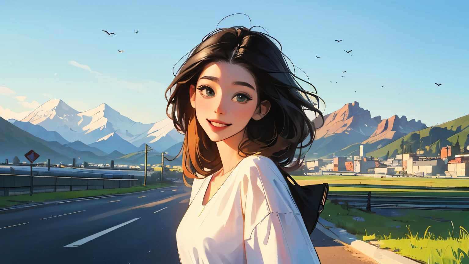((masterpiece)),(((bestquality))),((ultra-detailed)) realisticlying, 1 girl, Beautiful, black hair, happy, The sky morning, looking to viewer, soft green, city, road, mountain. sky blue.
