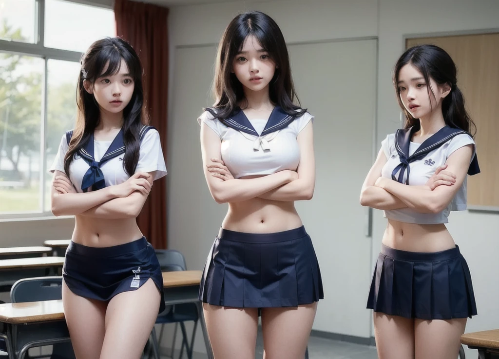 Group of Woman in front of classroom, ((white crop top sailor suit)), blue student skirts, open navel, open belly, (show abdomen area), ((((arms crossed over chest)))), crying, standing , (ready for punishment)