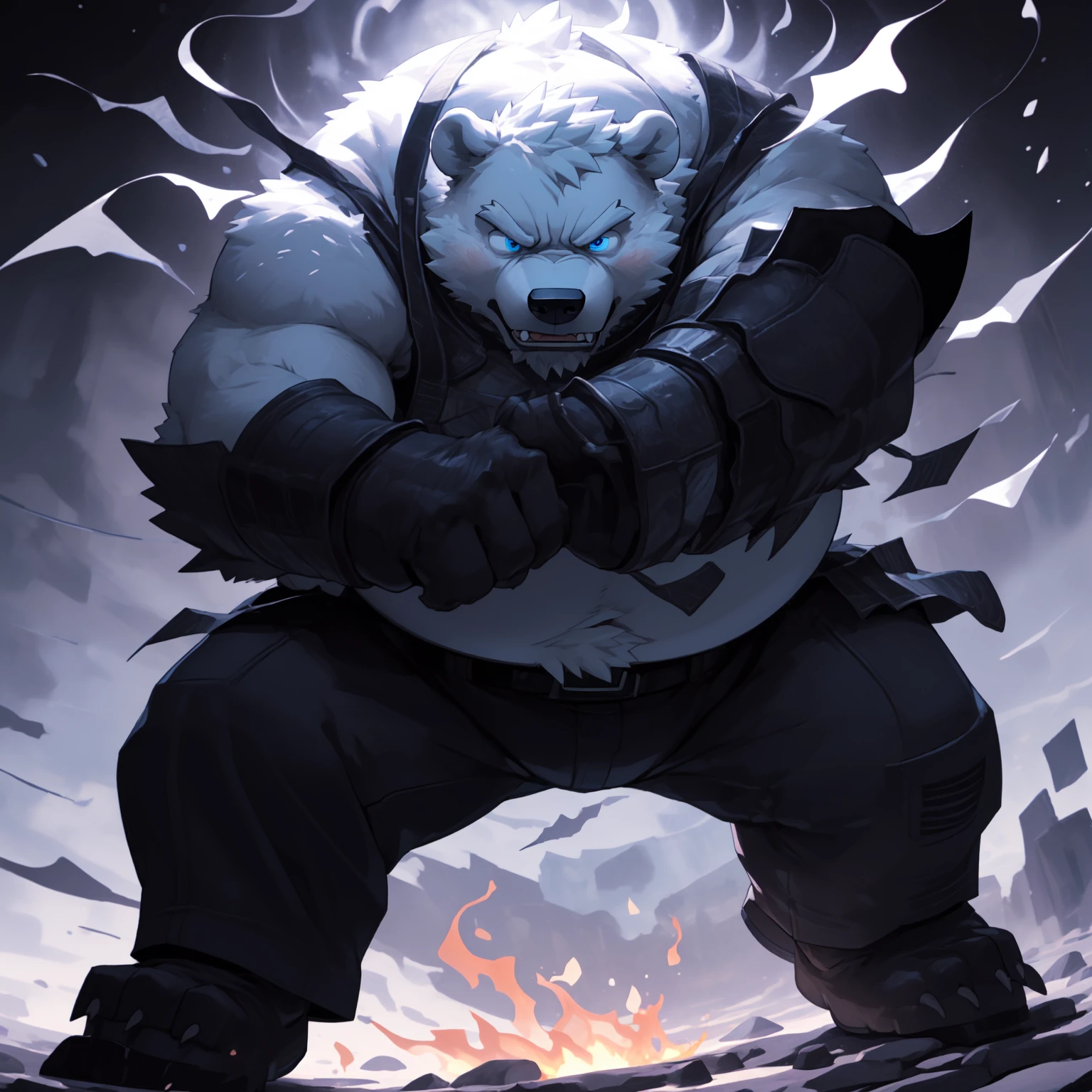 New Jersey 5 Furry，polar bear，Solitary，Chubby，Fat，Thick arms，Rugged muscles，White plush fur，Chubby脸，Black eyebrows，Sky blue eyes，（Beard），masterpiece,best quality,Extremely detailed face, Dynamic Angle, (dynamic fight pose), Motion trajectory, dream, , Popular on artstation, Solitary, (Clothes),（With a gun in hand），（Armed with a firearm），anger,barbarous,Grit your teeth, Correct anatomy, The right hand,,HD, dim ,dark,Fire，dark shadows, light against dark,Movie, Dramatic lighting,Wide dynamic range, 