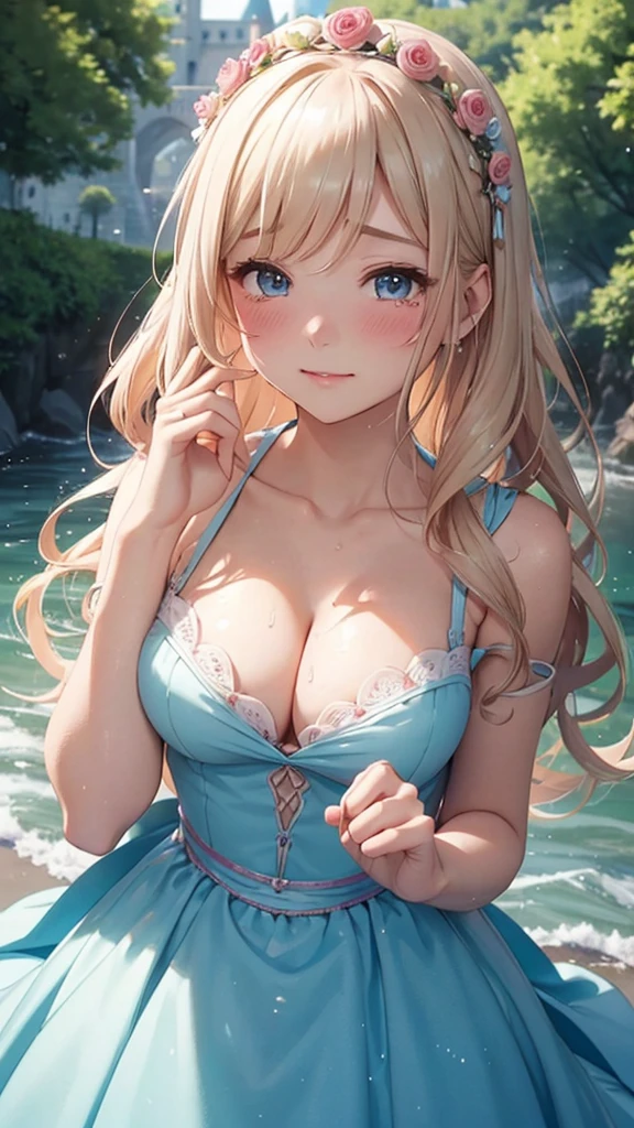 👸🏼👗🧕💗🌹🥀🌺🌸🪷💮🏰、((Cleavage))、Mid-chest、blushing shyly、Tears flowing、Wet、Water in the chest、(White Water)、Cleavageにヨーグルト付いた