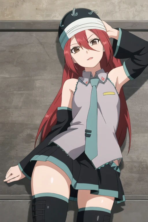 Brown eyes, red hair, hat, 1girl, miku outfit, sleeveless shirt, grey shirt, detached sleeves, necktie, arm tattoo, skirt, thighhighs, thigh boots