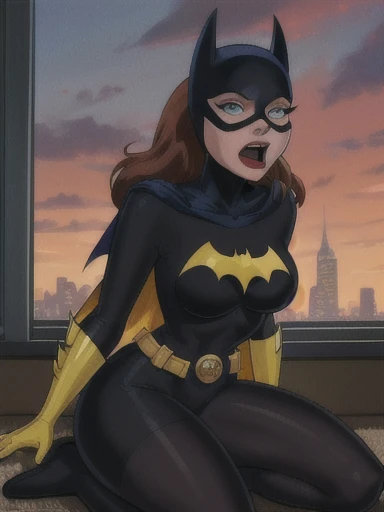 score_9, score_8_up, score_7_up, score_6_up, 1girl, solo, batgirl is sittingon her knees,hot fat thighs , mask, black lips, red hair, belt, (torn bodysuit), black bodysuit, sideboob, pointy breasts, cape, yellow gloves,in windowviewof gotham city, red sky, dirigible, (icy blue eyes) thin beautiful nose, open mouth,( on her knees) torn suits,