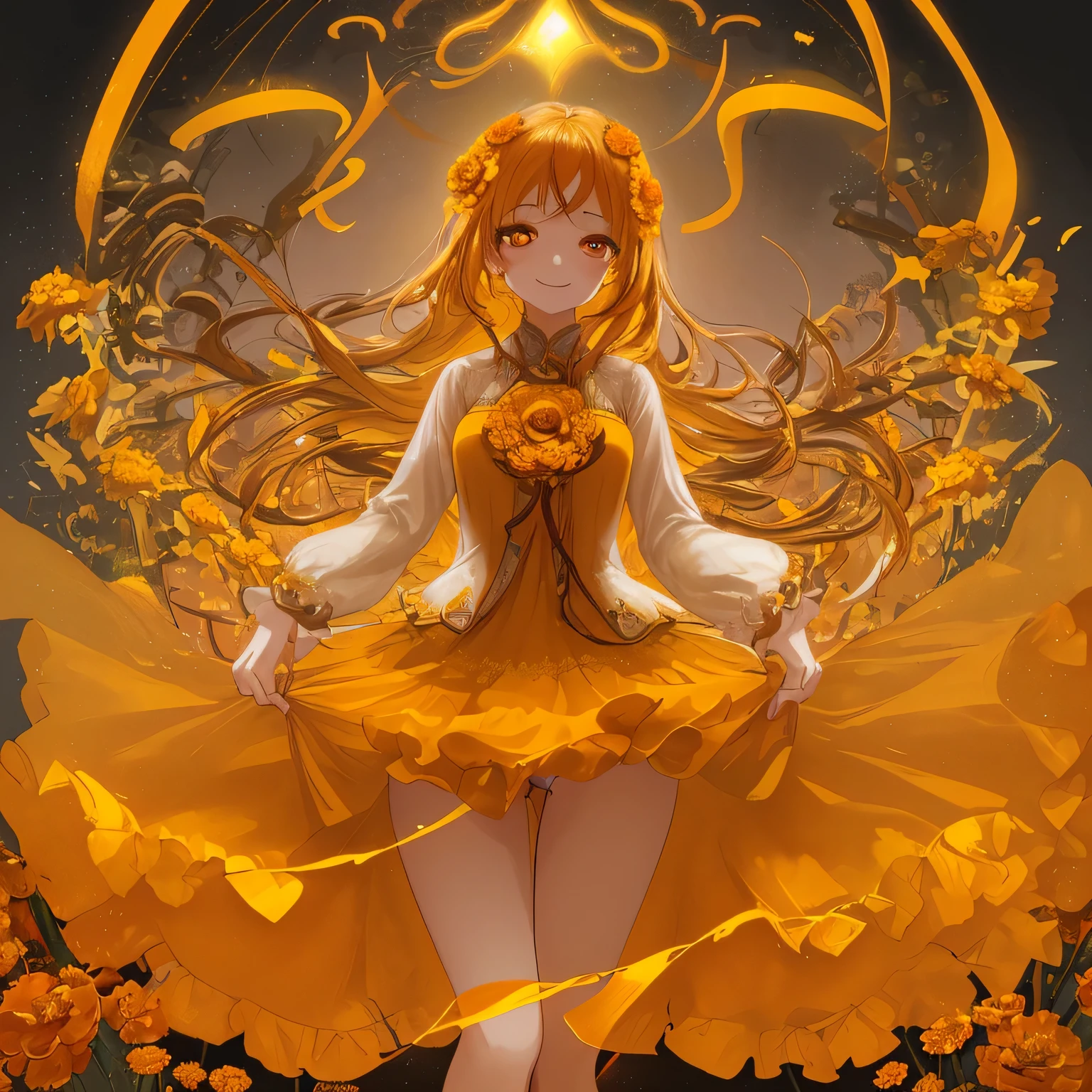 Marigold themed artwork, ((highest quality)), High resolution, 8k, Cinematic Light, High Contrast, Written boundary depth、smile、Full of energy、bright、beautiful, Strong brilliance, Detailed Background, One Girl, cute, fine grain, Shining Eyes, Detailed Iris,Healing、showcasing a powerful、