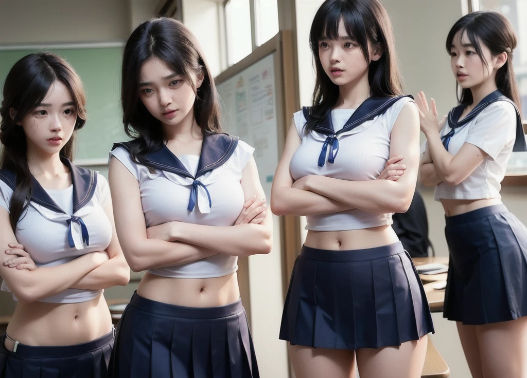 Group of Woman in front of classroom, ((white crop top sailor suit)), blue student skirts, open navel, open belly, (show abdomen area), ((((arms crossed over chest)))), crying, standing , (ready for punishment)