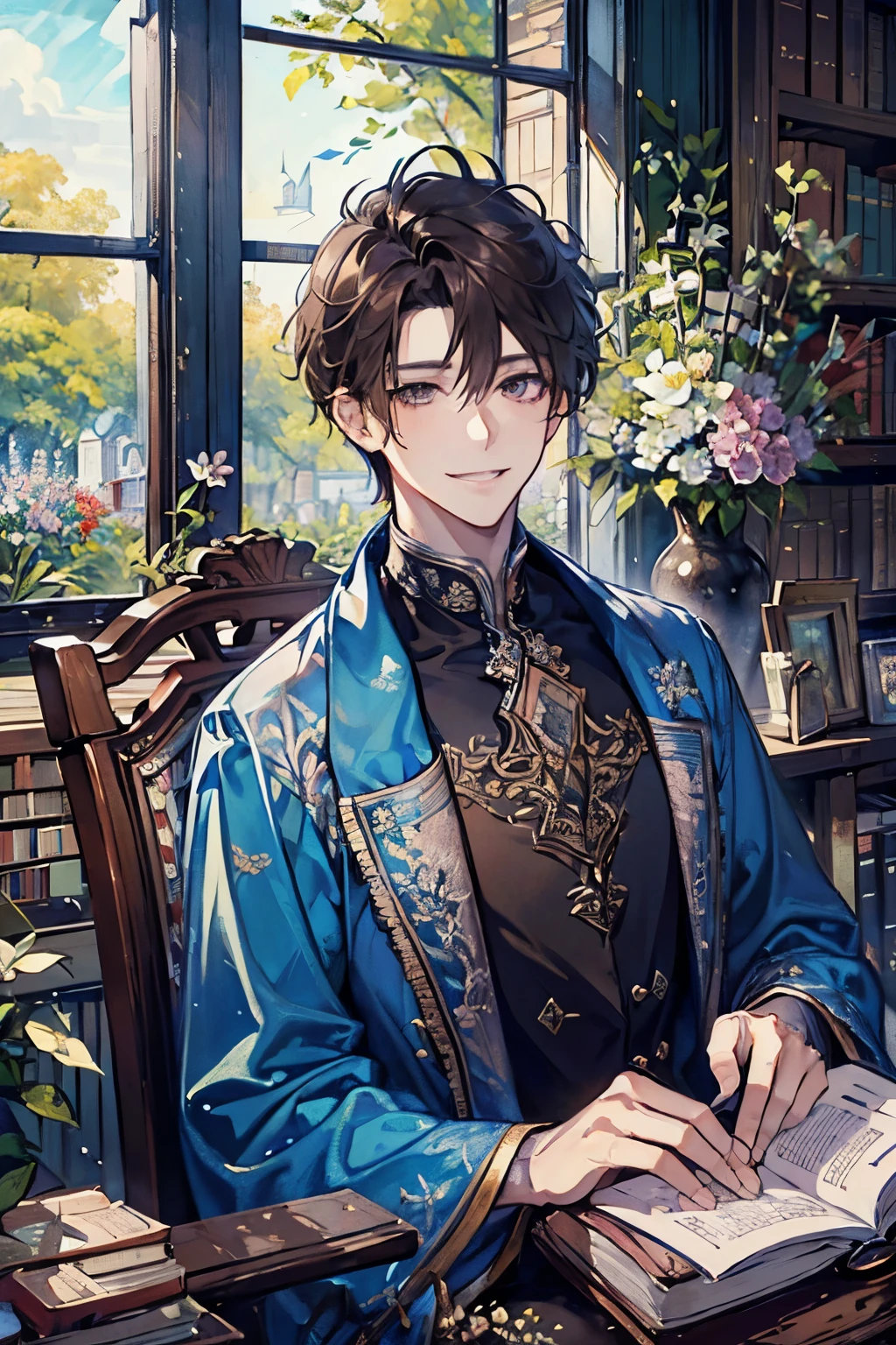 (male:1.35)、(masterpiece、highest quality、highest quality、Beautiful and beautiful:1.2)、(Good anatomy:1.5)、Painting of a male with milky brown straight hair、Shy smile、Sparkling Eyes、looking at the camera、Emerging from among the flowers and leaves、(Library room:1.45)、smile、(dictionary:1.2)、Close-up of face