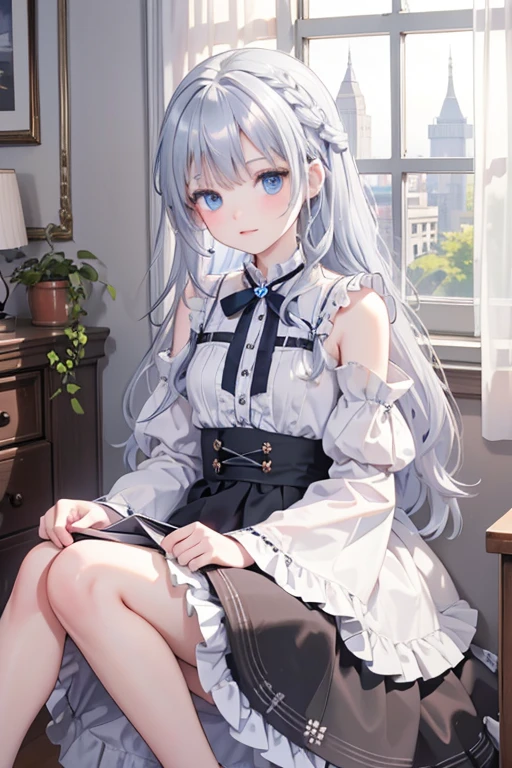 masterpiece, highest quality, High resolution, -yeld giBlue eyes、
Silver Hair, Braiding、Jet black ruffled dress, Shoulder puff sleeves、flare skirt、Long skirt、Western-style building、Sit by the window