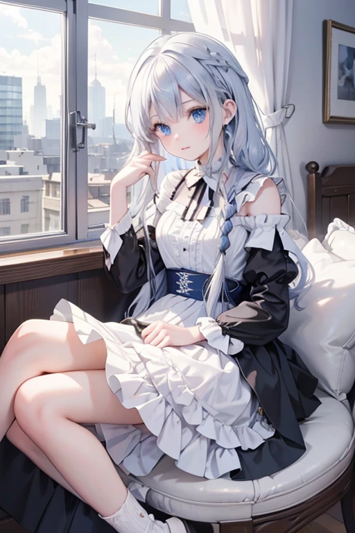 masterpiece, highest quality, High resolution, -yeld giBlue eyes、
Silver Hair, Braiding、Jet black ruffled dress, Shoulder puff sleeves、flare skirt、Long skirt、Western-style building、Sit by the window