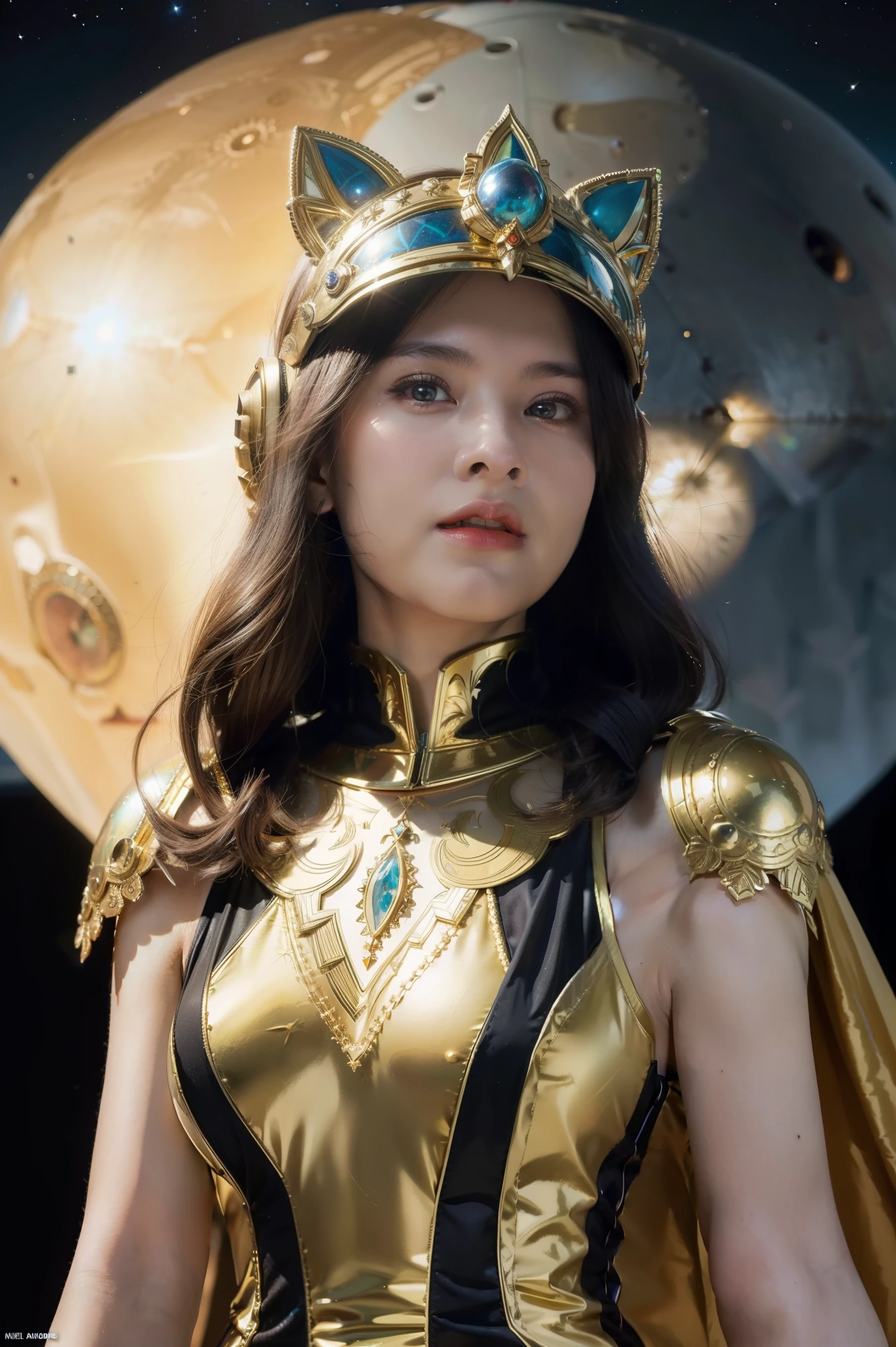 arafed image of a woman with a helmet on surrounded by other people, stephen hickman, beautiful retro art, mars attacks, gilded lotus princess, featured on cgsociety, cosmic apocalypse, persian queen, kirill leonov, by Jason A. Engle, barbarella