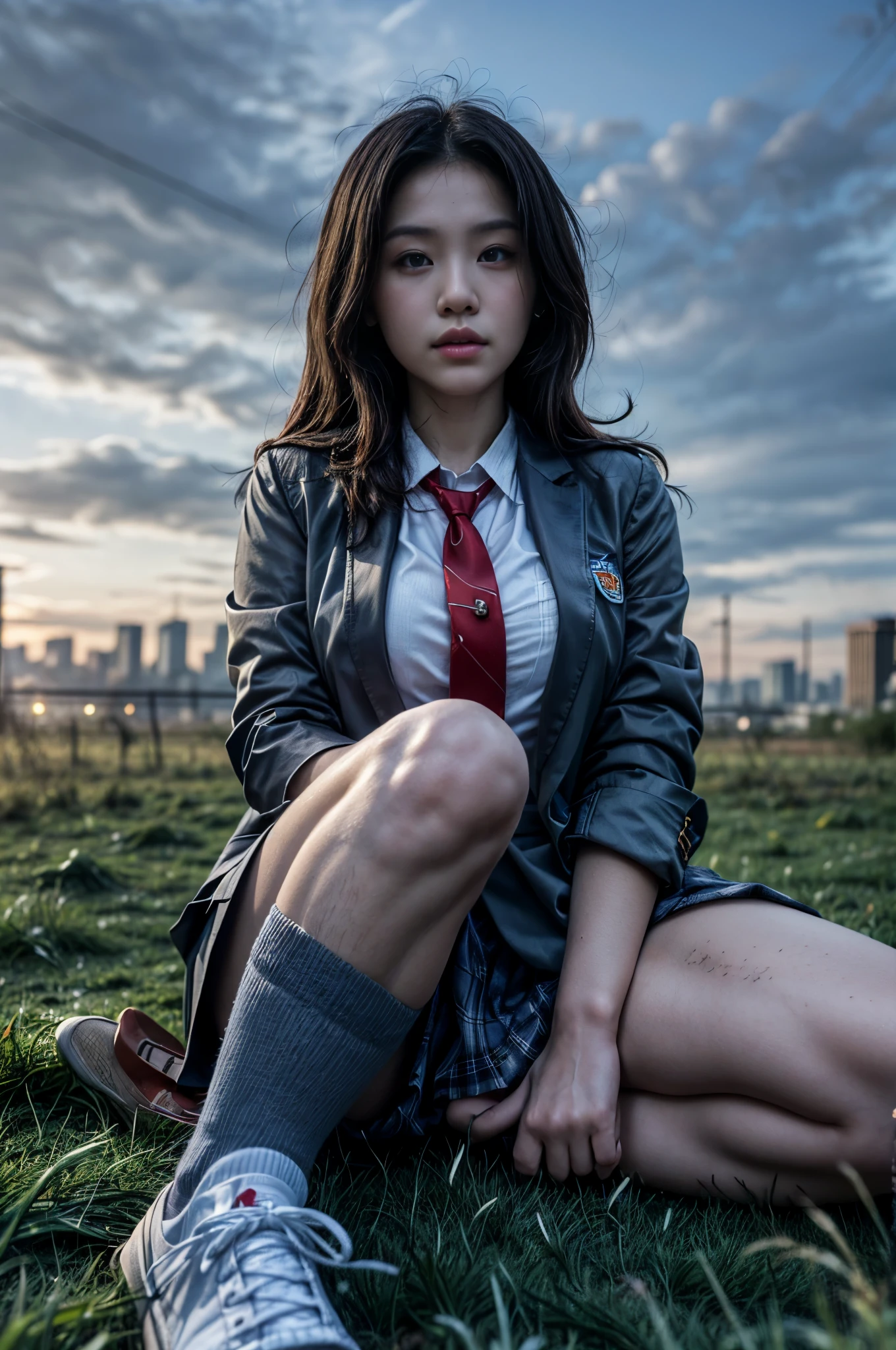 (best quality,4k,8k,highres,masterpiece:1.2),ultra-detailed,(realistic,photorealistic,photo-realistic:1.4), profesional photograph by dubnitskiy david, natural light, portraits, a beautiful young japanese girl, 17 years old, wearing ((dark grey blazer, red necktie, white button shirt, white socks, (black shoes with red ties), high school uniform: 1.4), very low neckline, exposed her breast), seductive look, soft glow, elegant beauty, perfect detailed face feature, detailed blue grey eyes, sexy pose, delicate skin texture, flowing messy hair, lustly expression, sexy posture, collarbone, naturally droopy breast, knees up, lying back with sexy pose, opened legs, (grass field with skyline:1.4), subtle shadows, daylight and clouds background, shallow depth of field, foggyand greeney atmosphere, fine art photography, (close up:1.2), (seen from below:1.4), photon mapping, zoom in