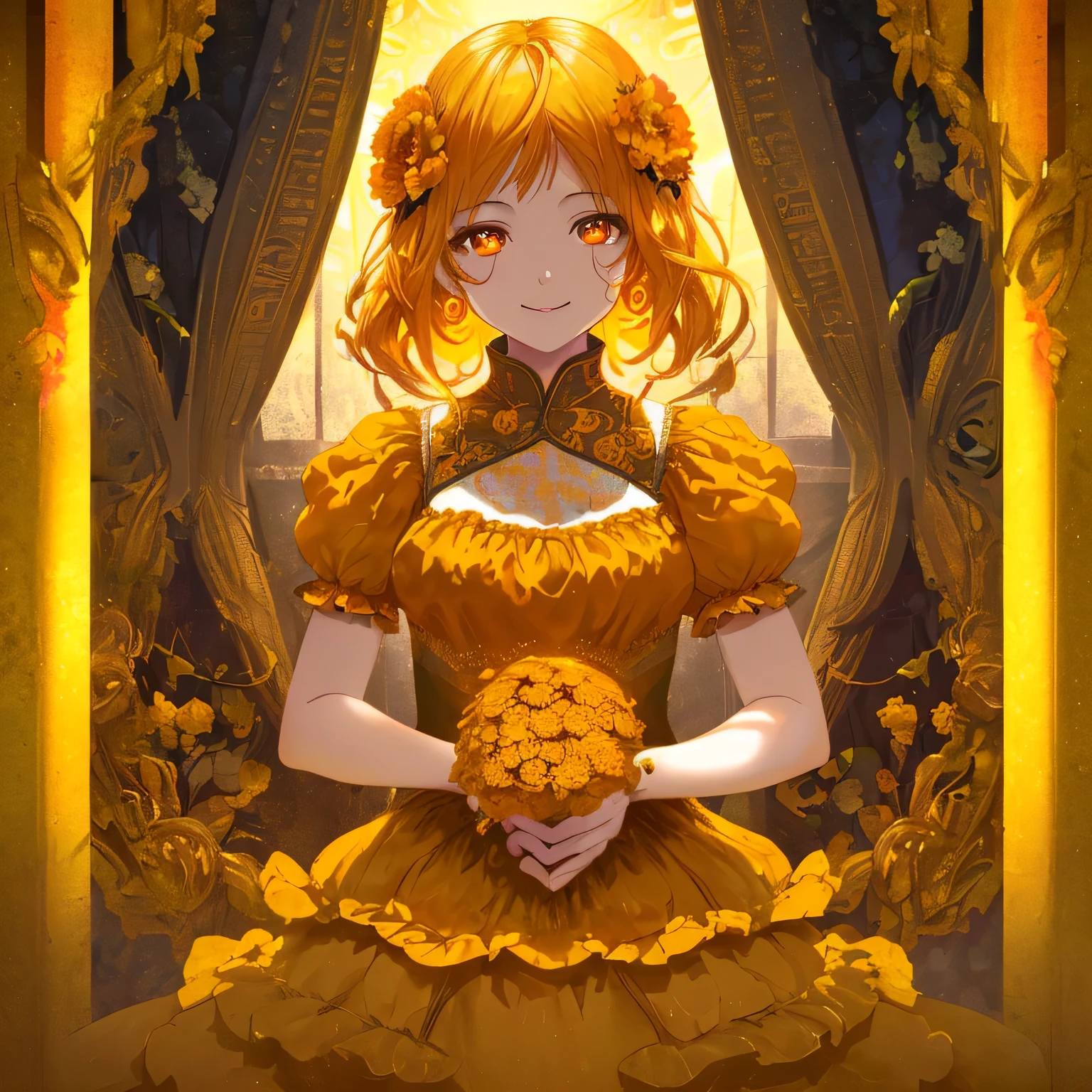 Marigold themed artwork, ((highest quality)), High resolution, 8k, Cinematic Light, High Contrast, Written boundary depth、smile、Full of energy、bright、beautiful, Strong brilliance, Detailed Background, One Girl, cute, fine grain, Shining Eyes, Detailed Iris,Healing、showcasing a powerful、