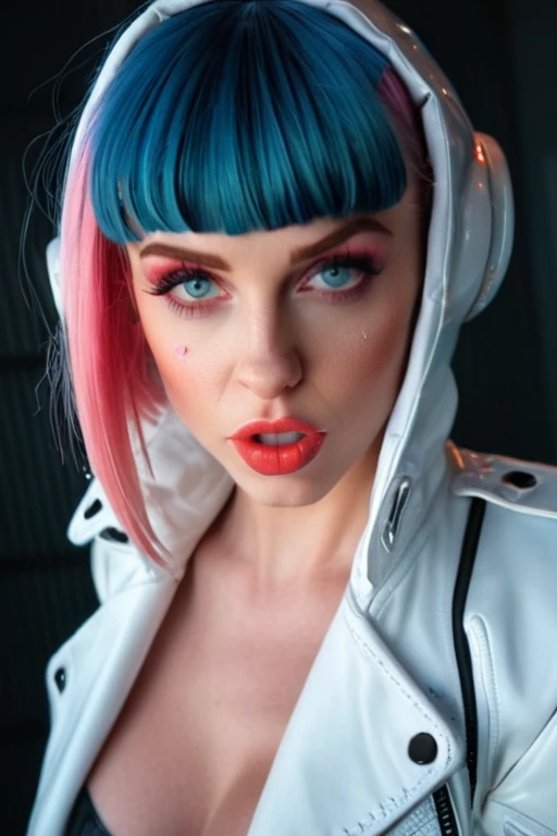 ((hyper realism)), fisheye photo, 1girl, (((side view))) perfect model face, oval face, sharp chin, sharp small nose, glossy nose tip, glossy blush cheeks, (((emberressed blushing face expression))), ((eye bags)), bangs, cleavage, blue hair, colored tips, grey eyes, jacket, long sleeves, looking at viewer, medium hair, face portrait, multicolored hair, thick thighs, big breasts, hair flying upwards, parted lips, parted bangs, eyes open, pink hair, portrait, red eyeliner, full glossy lips, solo, white jacket, cyberpunk \(series\), cyberpunk edgerunners, (ahegao:1.1), saliva, drool, tears, masterpiece