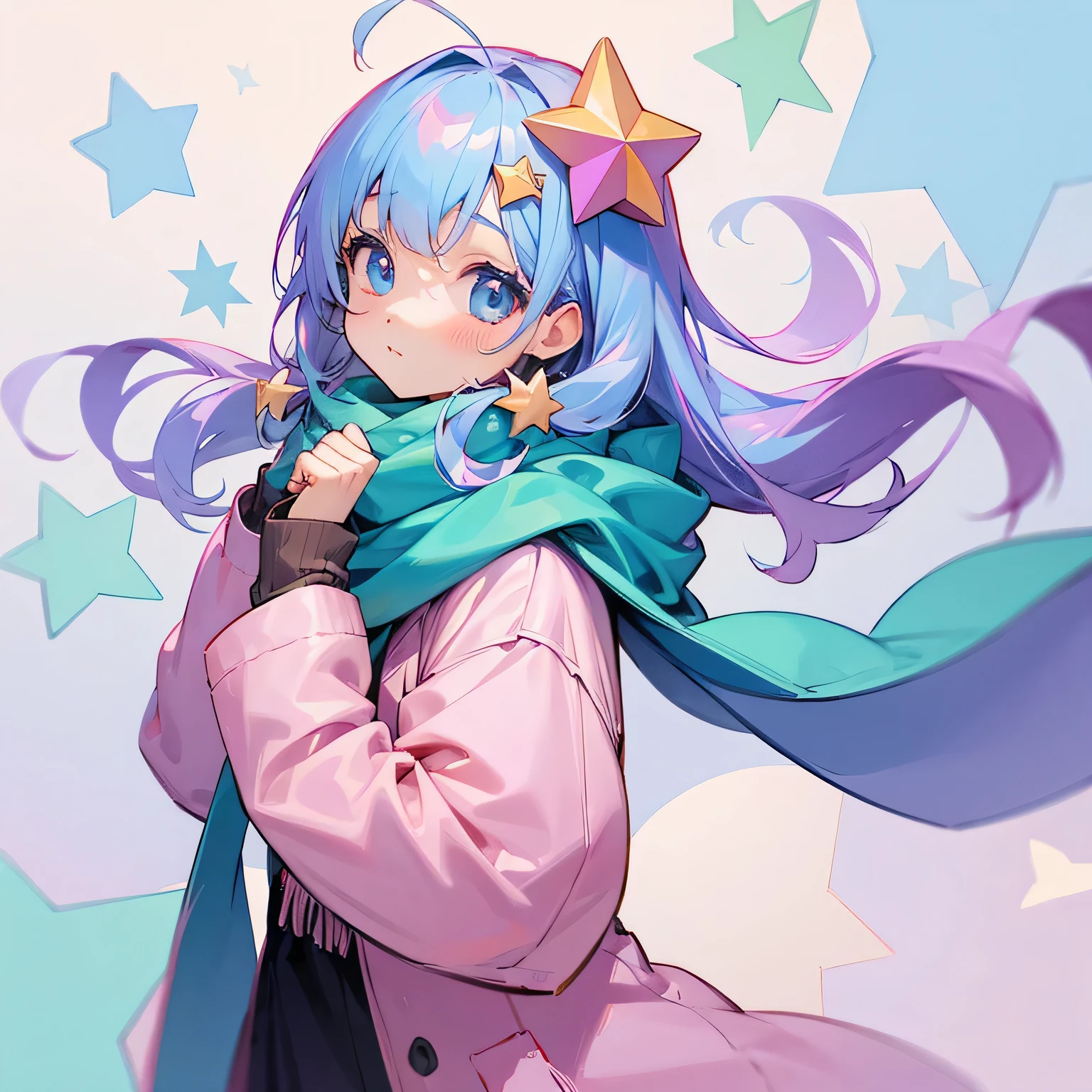 girl、Star-shaped hair ornament、pastel colour、coat、Scarf