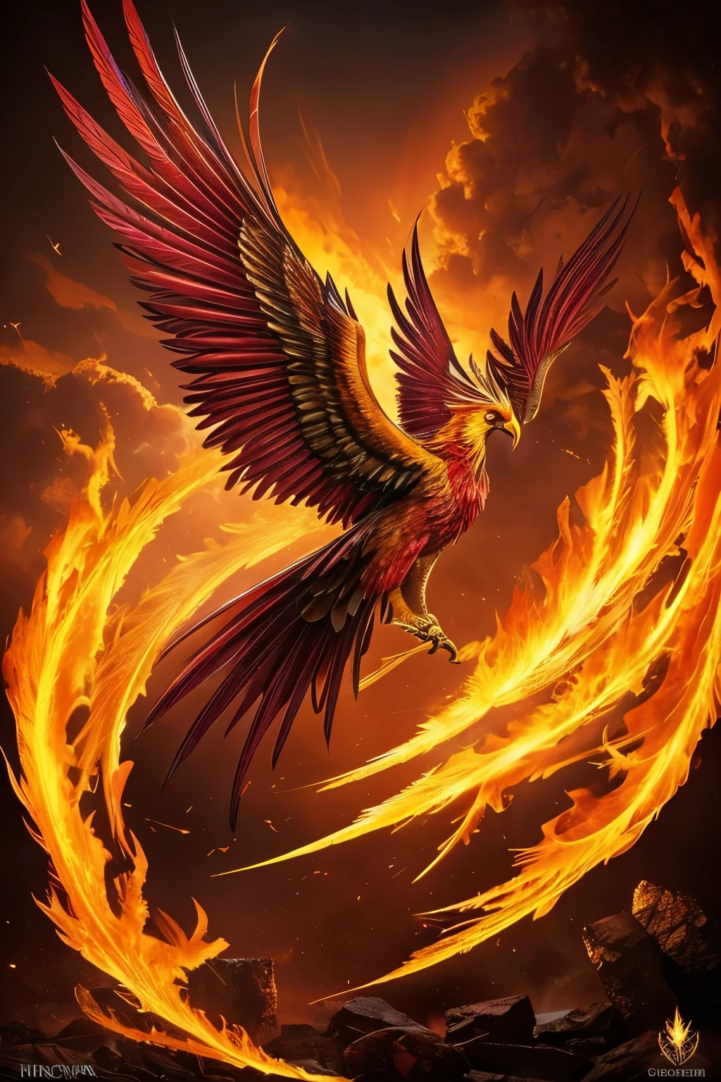 Phoenix, in a solo performance, age 27, long feathered wings, vibrant red and golden plumage, piercing golden eyes that hold a sense of wisdom, bare chest with an intricate, elaborate tattoo of a phoenix rising, a ribbon adorned with precious gems tied around its neck, a headpiece of golden feathers adorns its head, the sunlight reflecting off its striking features, realistic yet with a touch of mystical allure, a sense of power and grace in every feather, posing dramatically against a backdrop of flames, a beautiful blend of fiery passion and serene calm.

[ultra realistic image]
[a striking phoenix]
