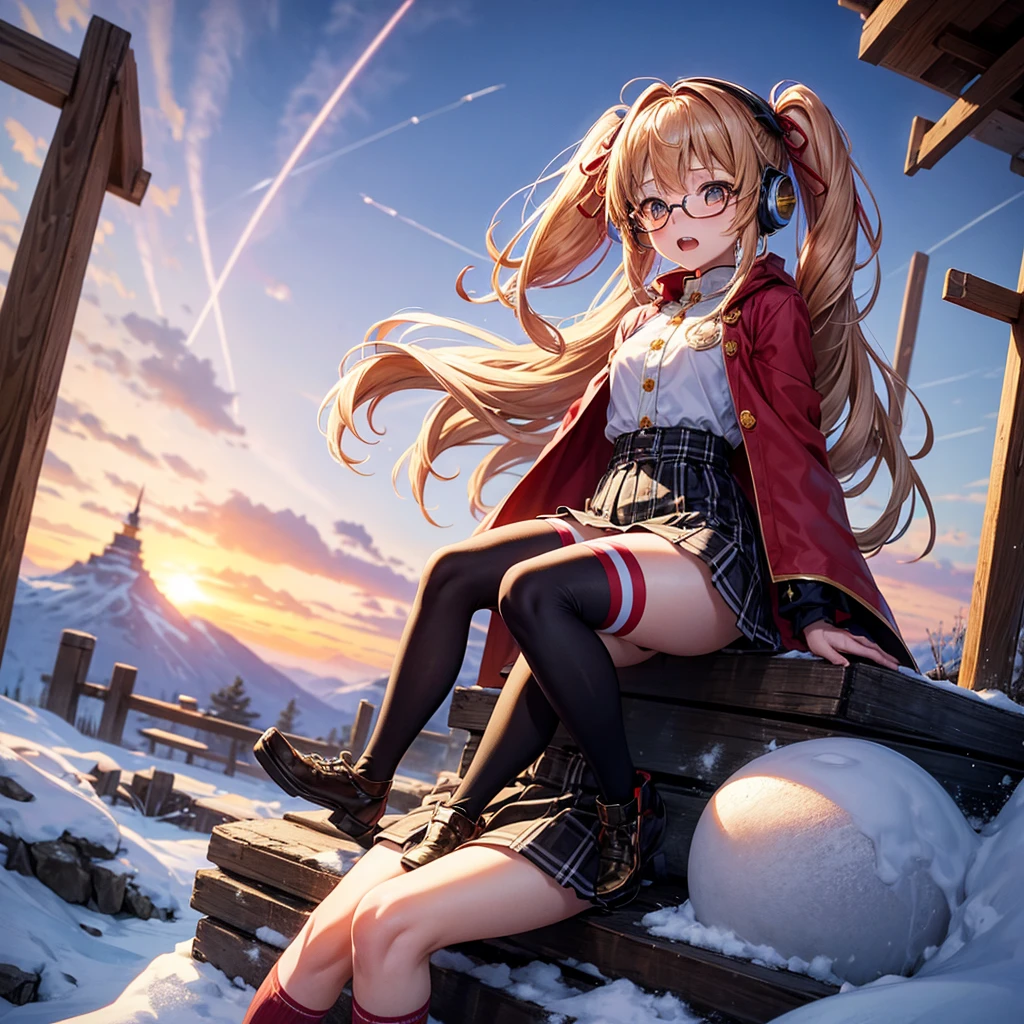 Pink gold golden hair、Golden Eyes、One good looking girl、Twin tails、solo、anime、Checkered mini skirt、The skirt has buttons、Red T-shirt、Long sleeve、China、Cape、Black knee-high socks、Wearing headphones、Wearing a ribbon、Ribbon on waist、Tilting face、Teeth are visible、Sunset sky、The rocks are exploding、Snow is piled up、Rocky Mountain、The clouds are breaking through、Contrail、Glasses、Behind him is a giant World Tree piercing the clouds.、Sitting、Self-suspended bridge、Golden Sugar、Touching your face、lotus