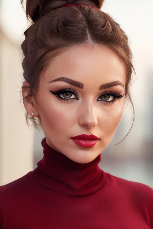 photo of a woman, lucypinder,((hair up, hair in bun):1.2) ((turtleneck sweater):1.2), ((closeup, portrait)),((outdoors, city):1.2),((red lipstick,heavy eyeliner, heavy eye shadow, blush):1.2), ((best quality, masterpiece, extreme details, high resolution):1.2),((detailed eyes, beautiful eyes, detailed face, beautiful face):1.2)