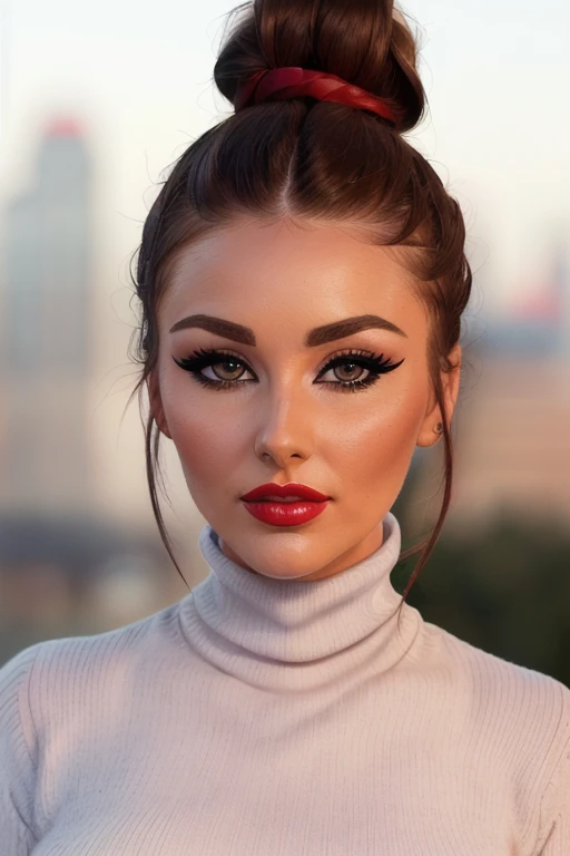 photo of a woman, lucypinder,((hair up, hair in bun):1.2) ((turtleneck sweater):1.2), ((closeup, portrait)),((outdoors, city):1.2),((red lipstick,heavy eyeliner, heavy eye shadow, blush):1.2), ((best quality, masterpiece, extreme details, high resolution):1.2),((detailed eyes, beautiful eyes, detailed face, beautiful face):1.2)