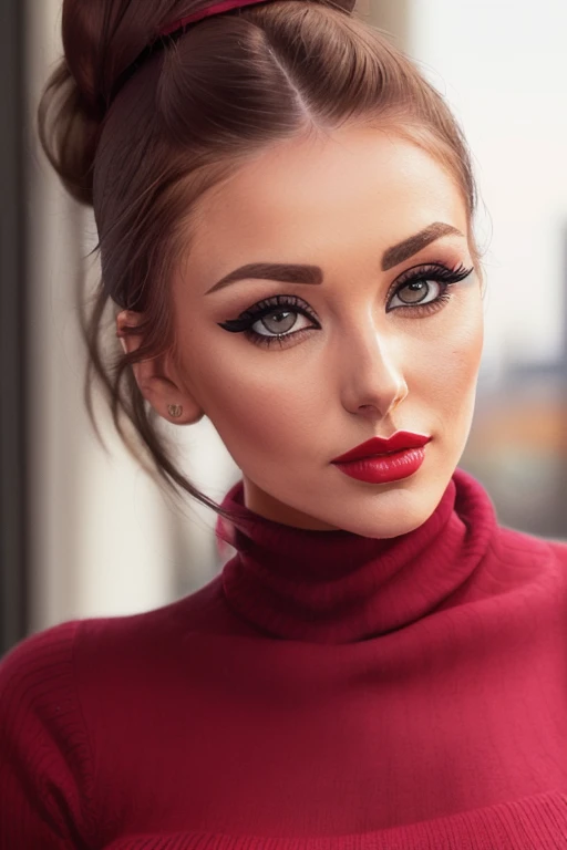 photo of a woman, lucypinder,((hair up, hair in bun):1.2) ((turtleneck sweater):1.2), ((closeup, portrait)),((outdoors, city):1.2),((red lipstick,heavy eyeliner, heavy eye shadow, blush):1.2), ((best quality, masterpiece, extreme details, high resolution):1.2),((detailed eyes, beautiful eyes, detailed face, beautiful face):1.2)