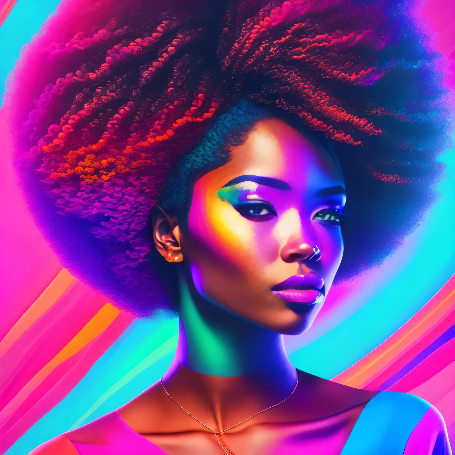 uma mulher com um cabelo mookano afro colorido e brincos, alta textura colorida, glamour da cor do retrato, retrato colorido detalhado, cor neon sangrar, retrato de alta qualidade, Retrato colorido, cores ultravioleta e neon, color studio portrait, full-colour illustration, cores vibrantes hiper realismo, cores neon vibrantes, pop e cores vibrantes, cor neon, moda colorida, cor estilo cyberpunk, iridescent illustration