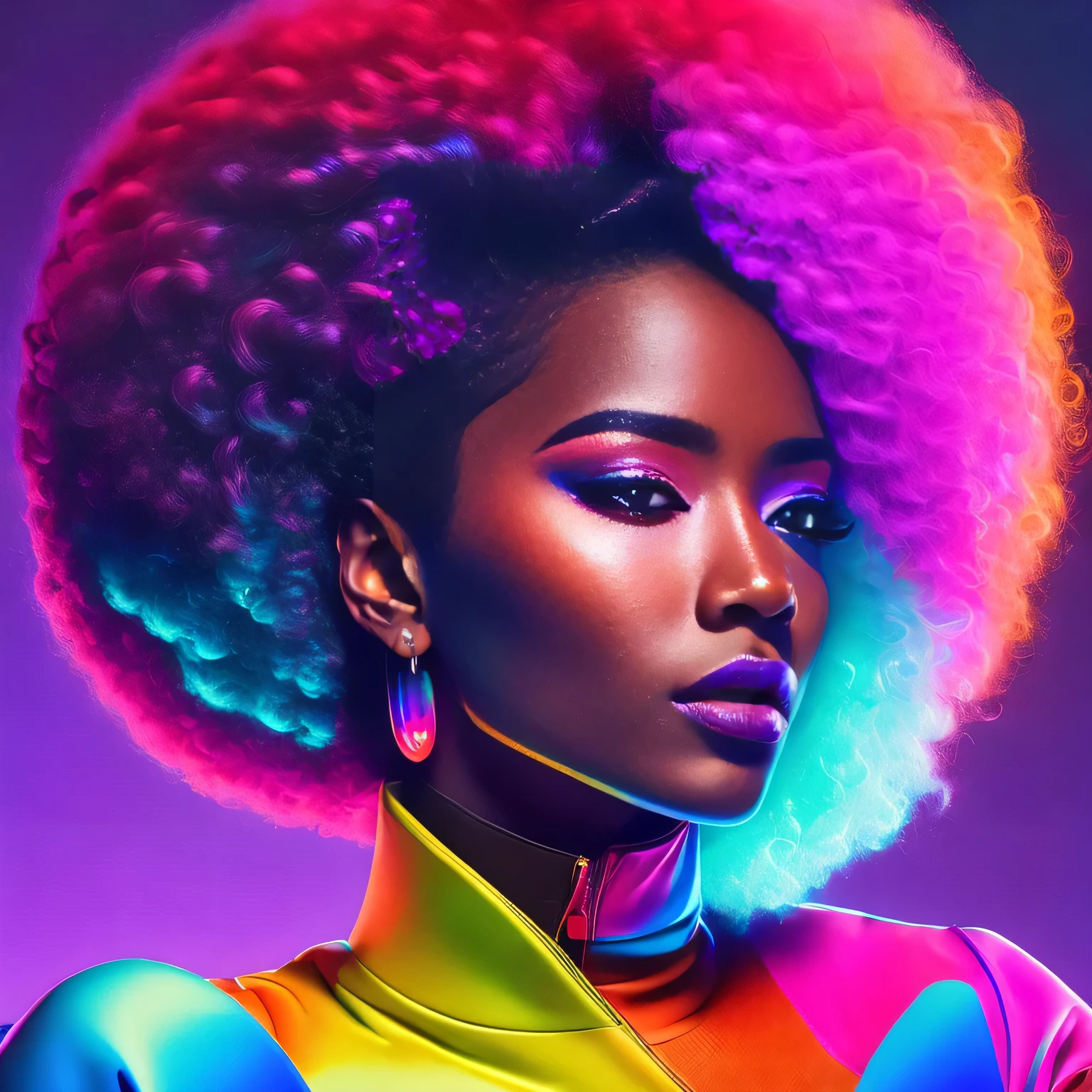 uma mulher com um cabelo mookano afro colorido e brincos, alta textura colorida, glamour da cor do retrato, retrato colorido detalhado, cor neon sangrar, retrato de alta qualidade, Retrato colorido, cores ultravioleta e neon, color studio portrait, full-colour illustration, cores vibrantes hiper realismo, cores neon vibrantes, pop e cores vibrantes, cor neon, moda colorida, cor estilo cyberpunk, iridescent illustration