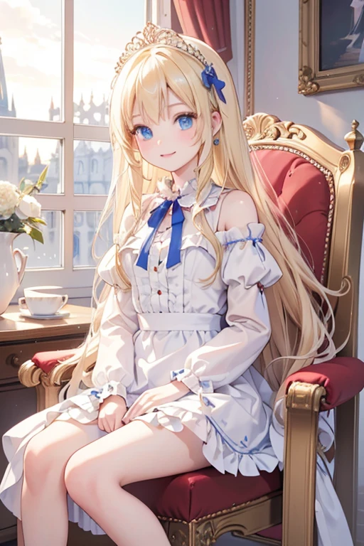 masterpiece, highest quality, High resolution, 15-year-old girl、blue eyes、
blonde, Vulgar smile、Long Hair、Crimson frill dress, Clothes with puffy shoulders、flare skirt、Long skirt covering the legs、Tiara on head、royal palace、Sitting on the throne