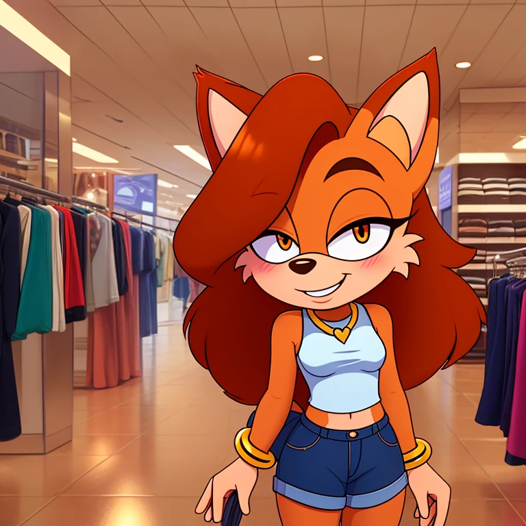 best quality,best resolution,(fluffy anthro furry :1.6),(young :1.6),fox girl,red long hair,wavy hair,small breasts,orange fur,orange eyes,glistering eyes,sparkle eyes,denim shorts with gold chain,white sleeveless shirt with flower embroidery,heart collar,gold bracelets,sunglasses,department store,looking at viewer,upper body only,full face blush,naughty face,smile,excited pose