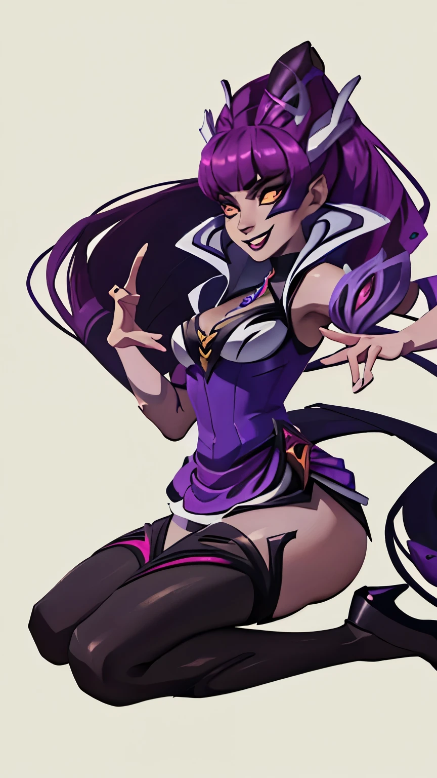 tieflng girl with purple skin, Long purple hair, gray small horns, high, god, in a black tunic, standing straight