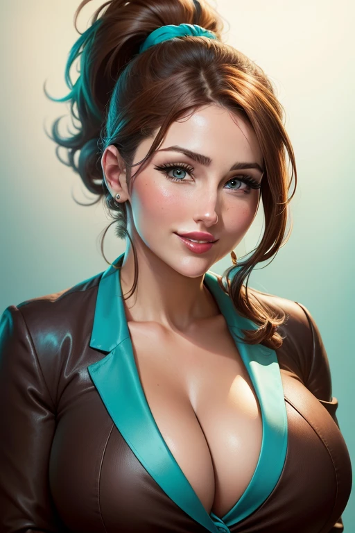 Lucy Pinder, Face portrait, face, cleavage, red lipstick, smiling, brown hair, ponytail, short hair, black t-shirt, ((turquoise blazer)), very chubby woman.