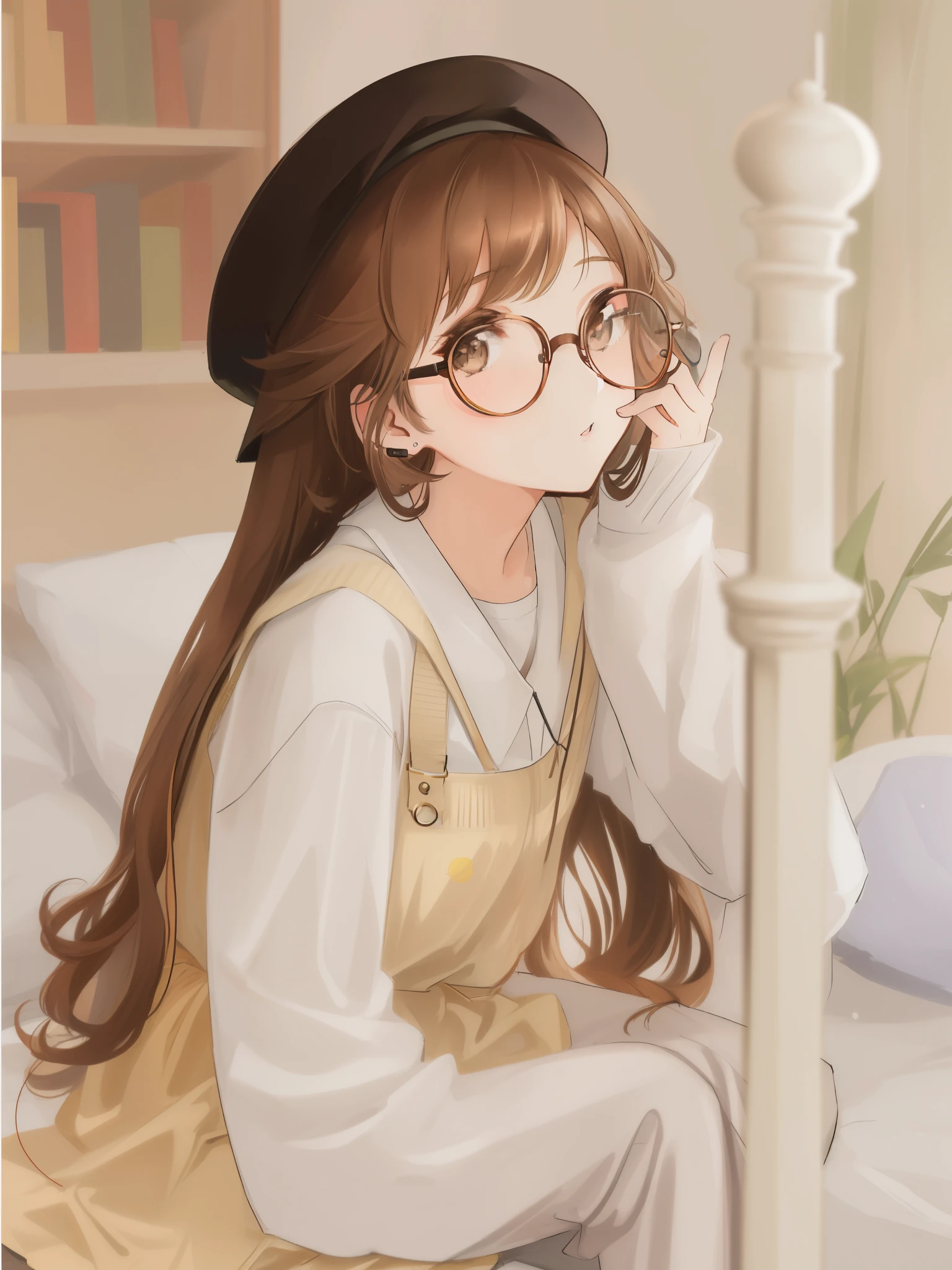 (brown long hair swept bangs:1.3), araffe girl with glasses and a hat sitting on a bed, ulzzang, with square glasses, thin round glasses, brown long hair with bangs, wearing small round glasses, rounded eyeglasses, neat hair with bangs, with glasses, long hair with full bangs, long hair with bangs, wearing thin large round glasses, girl wearing round glasses
