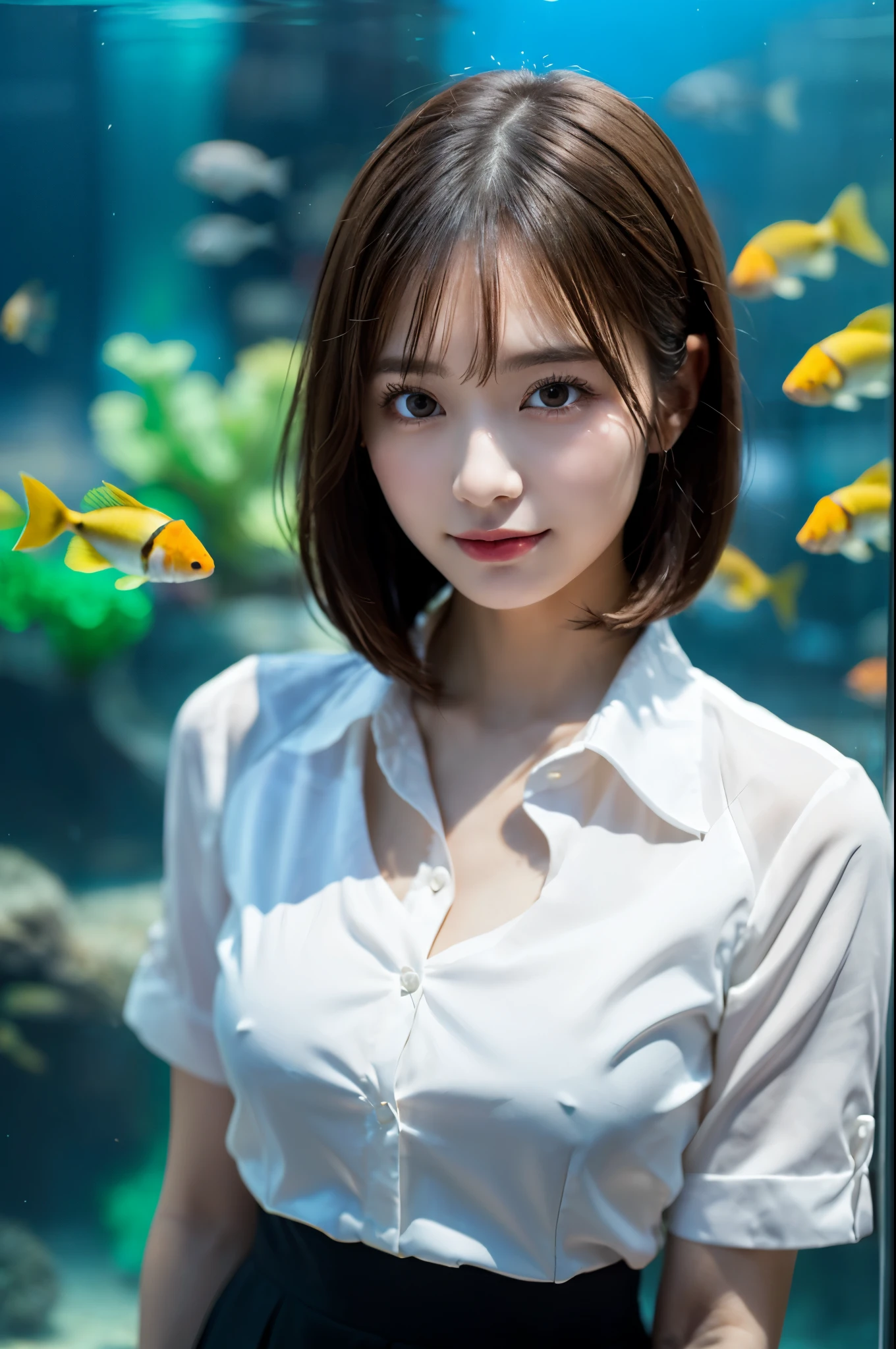 (background, Many colorful jellyfish are lit up in the tank):1.5, (Stand in front of the aquarium located behind), (High Shadow Detail), (short hair, Dark brown hair), highest quality, masterpiece, Ultra-high resolution, (Realistic:1.3), RAW Photos, (1 Female:1.3, alone), (Woman looking at the aquarium), (Asian Girl, Very delicate face, Very delicate eyes, Highly detailed nose, Very sophisticated mouth, Highly detailed facial features), break (Ruffled blouse with white collar, Black pencil skirt), (Mid-chest:1.3), from the front, (Shiny skin), (Sony a7, 85mm lens, f9.0, Pan Focus), Look forward