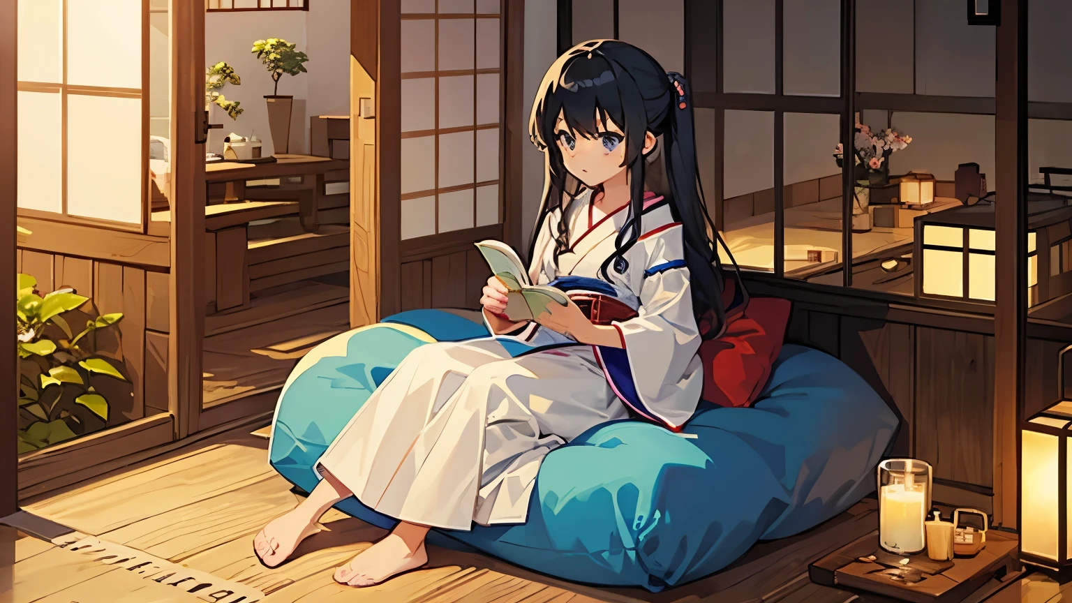 evening、Read a book over a cup of coffee、Japanese anime style、Pixel Art