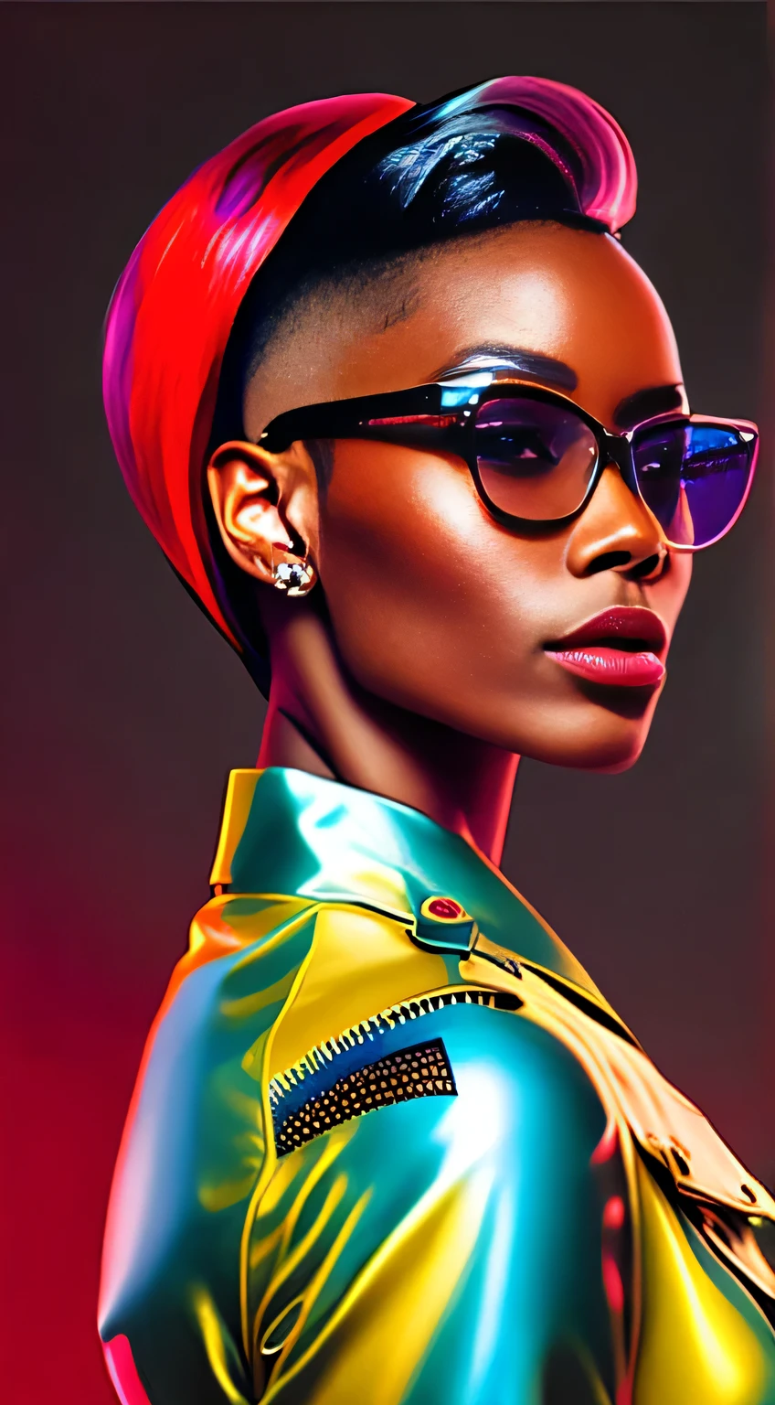 an AFRICAN woman a pair of glasses, Tapered hair, well cut, well shaved on the sides and back, style, a crazy piece in the 90s piece, brincos, Colorful Trackextura latex jacket, glamour da cor do retrato, retrato colorido detalhado, retrato de alta qualidade, cor neon sangrar, Retrato colorido, color studio portrait, cores ultravioleta e neon, full-colour illustration, cores vibrantes hiper realismo, cores neon vibrantes, pop e cores vibrantes, moda colorida, cor neon, cor estilo cyberpunk, iridescent illustration(best quality,alto,ultra-detalhado,Realistic:1.37),retrato,personagem feminina,red latex military jumpsuit,(encaixe apertado,recuado,preciso,elaborar),Solid Bottom Shaved Side Hair Short Top, corte de cabelo preto pixie undercut, cabelos naturais, cabelos cacheados e curtos, laterais raspadas, short hair on sides of head, cabelo preto curto com gel, corte de cabelo de cortina curta preta, cabelo curto preto encaracolado, contornos definidos suaves