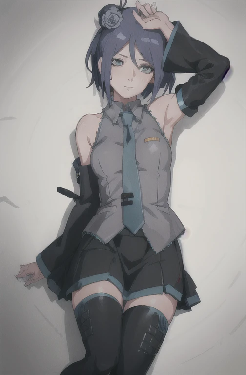 konan \(naruto\), solo, 1girl, closed_mouth, miku outfit, sleeveless shirt, grey shirt, detached sleeves, necktie, arm tattoo, skirt, thighhighs, thigh boots,