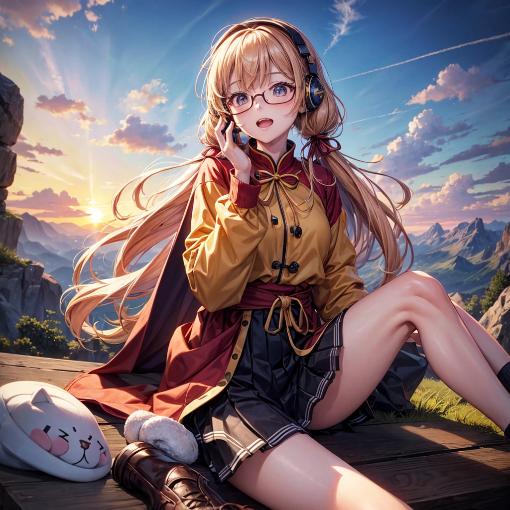 Pink gold golden hair、Golden Eyes、One good looking girl、Twin tails、solo、anime、Checkered mini skirt、The skirt has buttons、Red T-shirt、Long sleeve、China、Cape、Black knee-high socks、Wearing headphones、Wearing a ribbon、Ribbon on waist、Tilting face、Teeth are visible、Sunset sky、The rocks are exploding、Rocky Mountain、The clouds are breaking through、Contrail、Glasses、Behind him is a giant World Tree piercing the clouds.、Sitting、Touching your face、lotus、stream